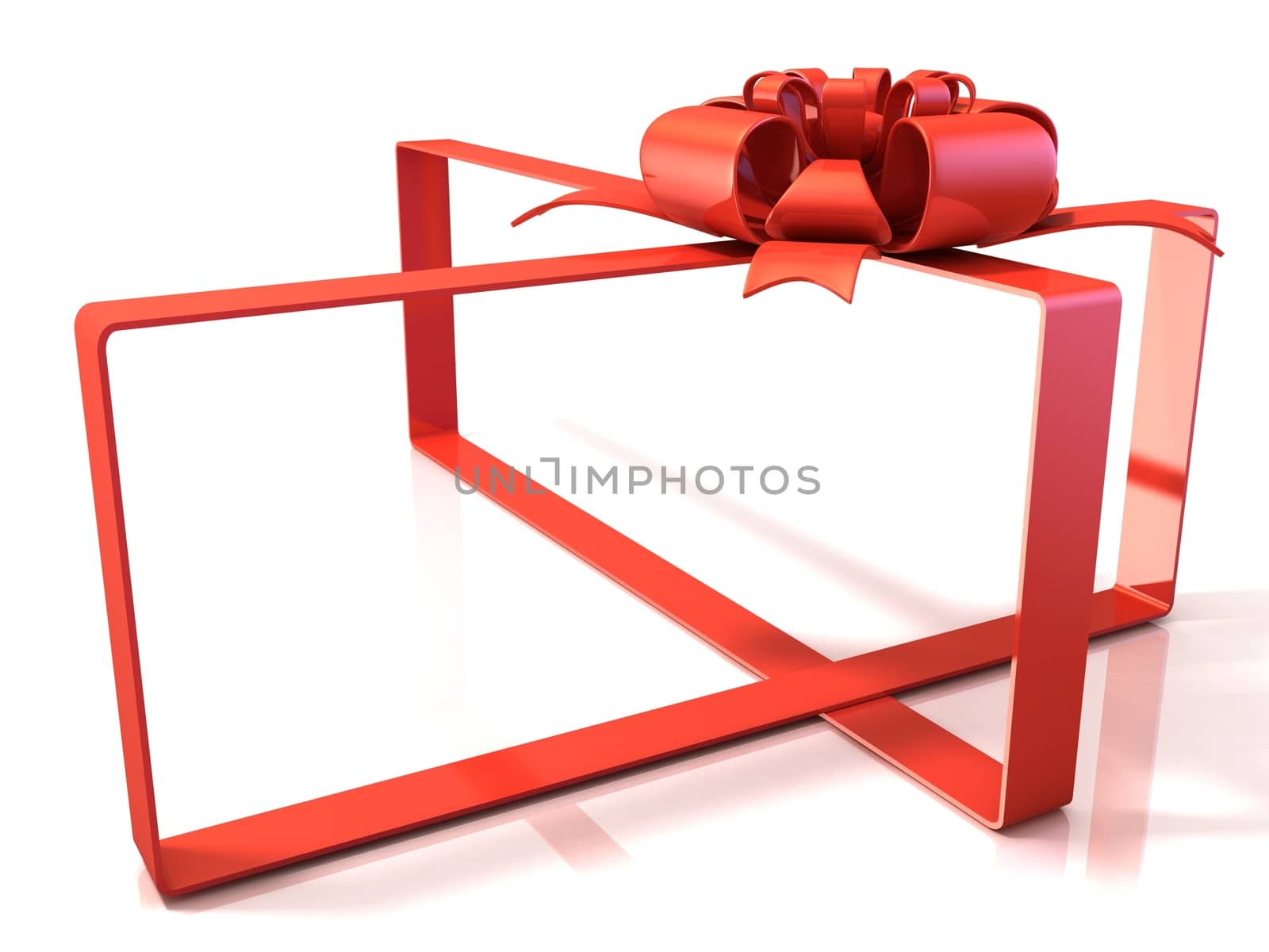 Festive gift ribbon and bow, box shaped, 3D rendering isolated on white. Copy space