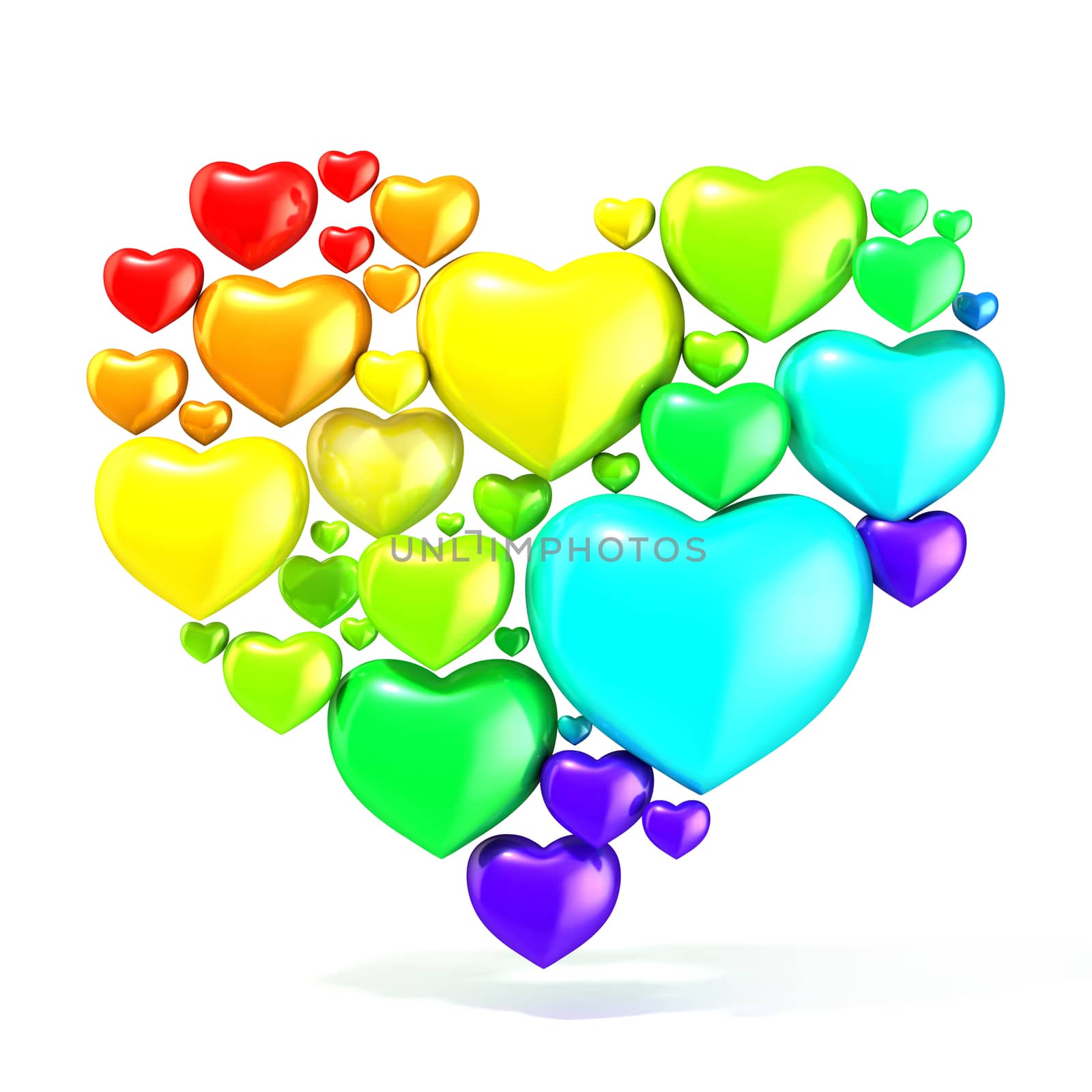 Sweet, colorful, beautiful hearts on white background, arranged in shape of big heart. 3D render illustration