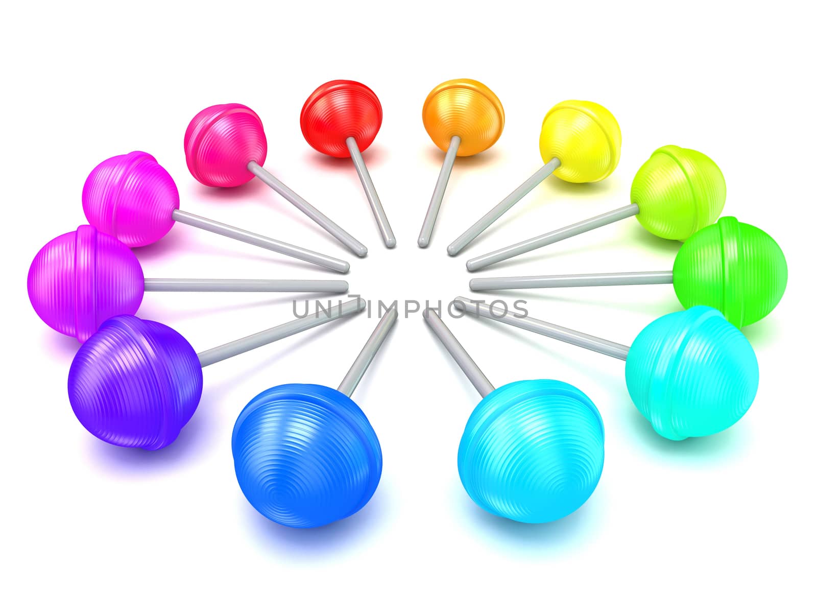 Colorful lollipops, circle arranged. 3D render illustration isolated on white background