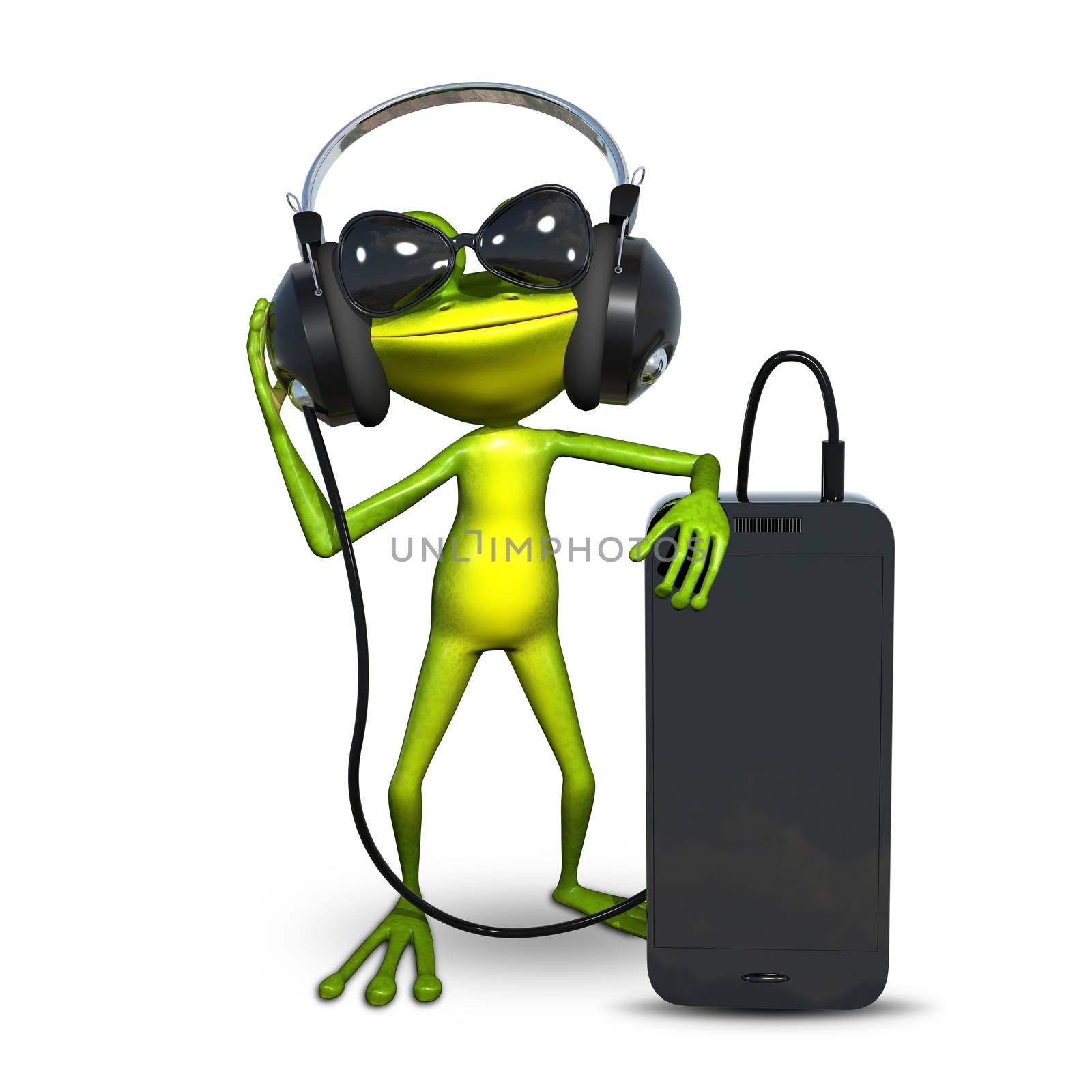 3D Illustration of a Frog with Headphones with a Smartphone