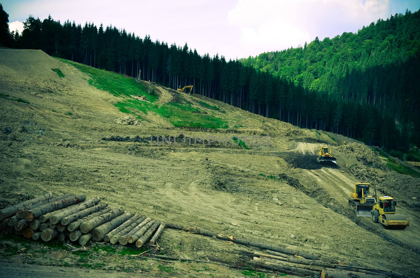 Deforestation environmental problem, forest destroyed for building resort, Bukovel, Ukraine