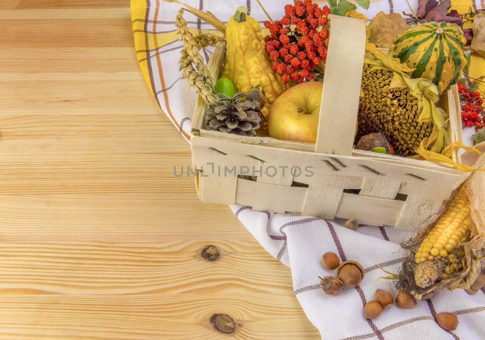 Lovely autumn decoration with all sorts of pumpkins, corn, grain, sunflower and forest fruits, set in a basket, on a towel and a wooden table.