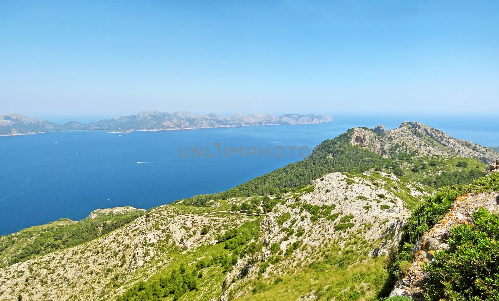 Bay of Pollenca, view from peninsula Victoria - peninsula Formentor in background - ocean view panorama
