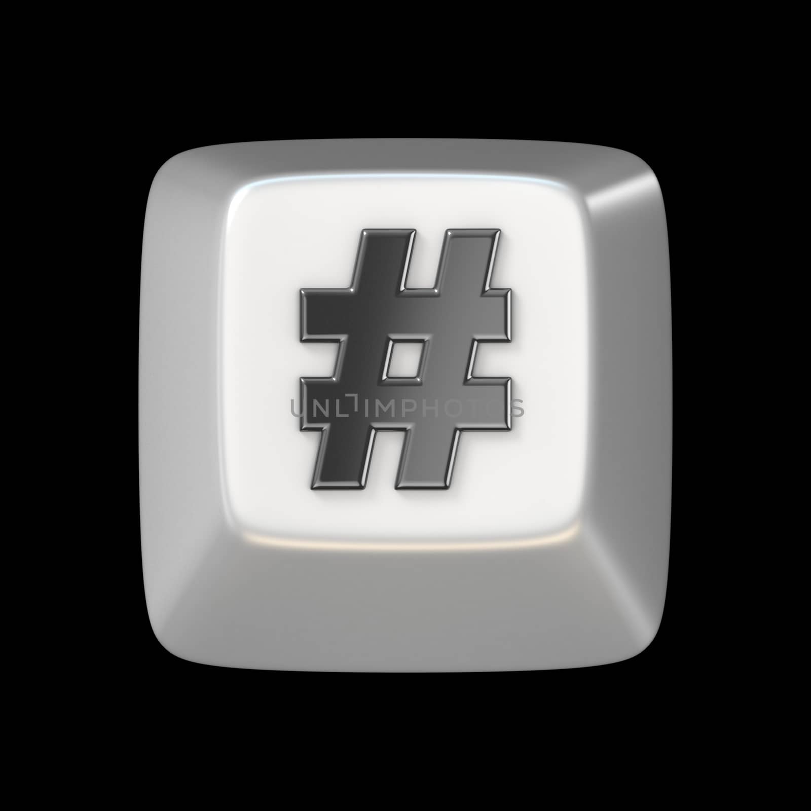 Computer keyboard key hashtag, sign 3D render illustration isolated on black background