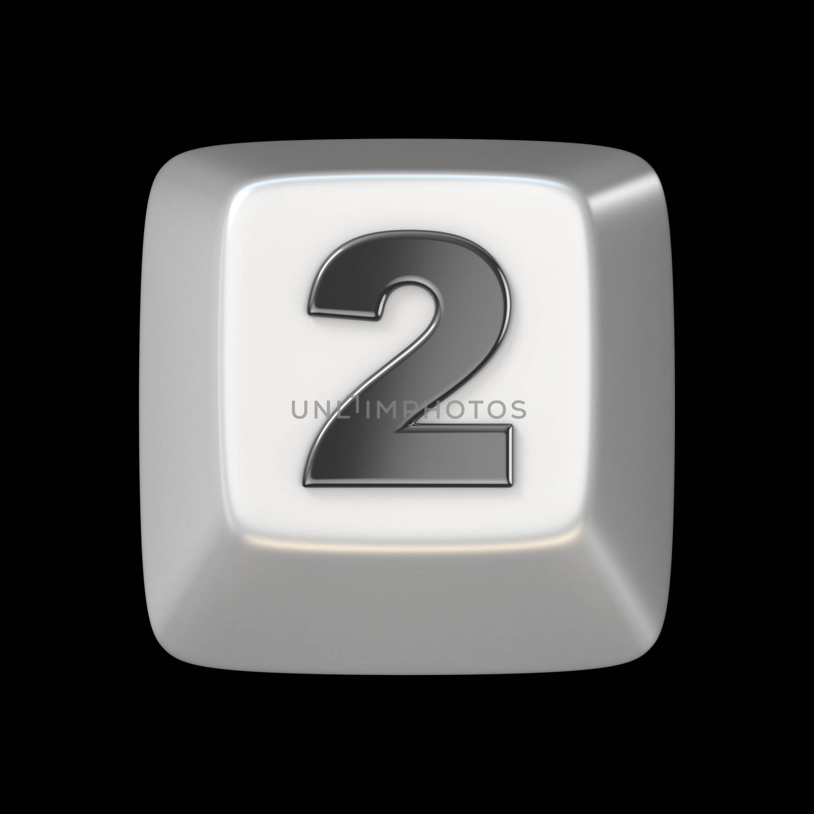 Computer keyboard key number TWO 2 3D render illustration isolated on black background