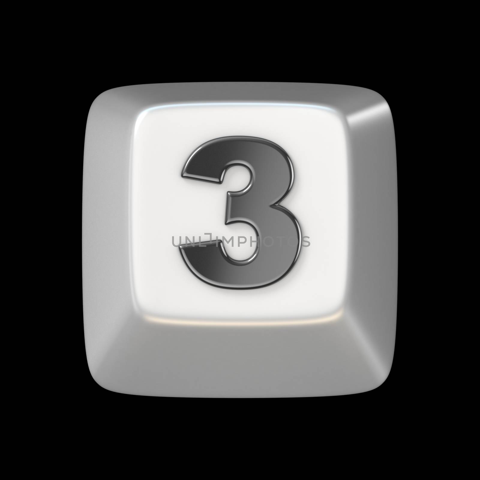 Computer keyboard key number THREE 3 3D render illustration isolated on black background
