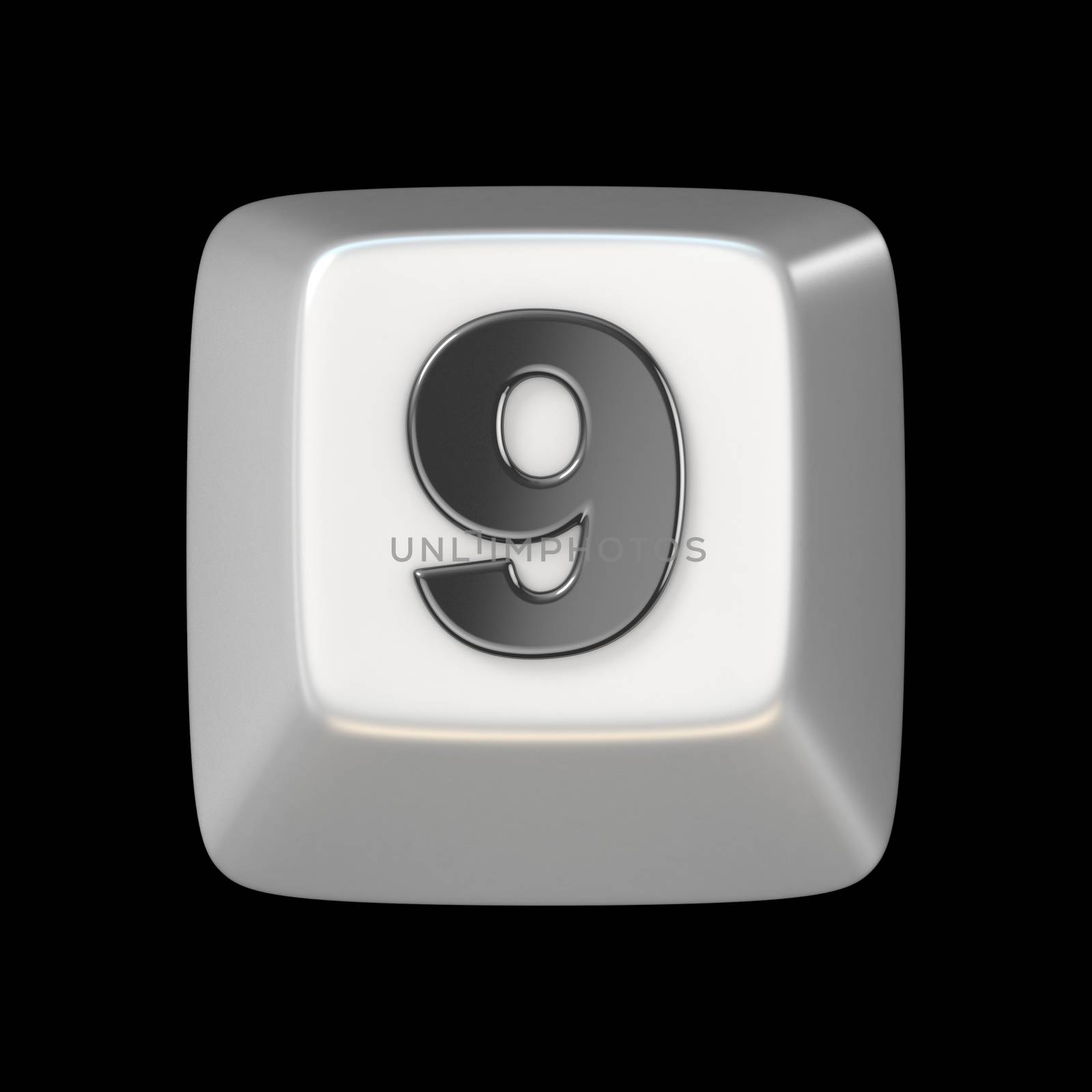 Computer keyboard key number NINE 9 3D render illustration isolated on black background