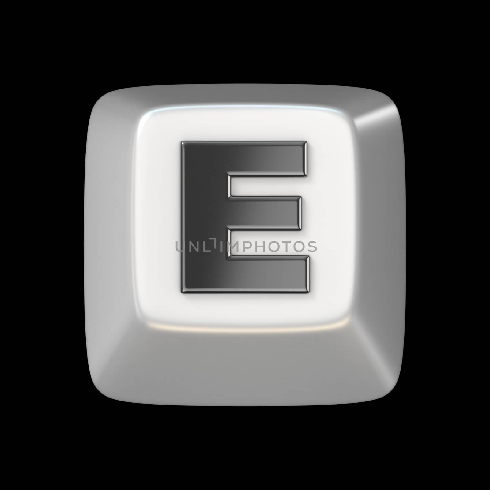 Computer keyboard key FONT. Letter E 3D render illustration isolated on black background