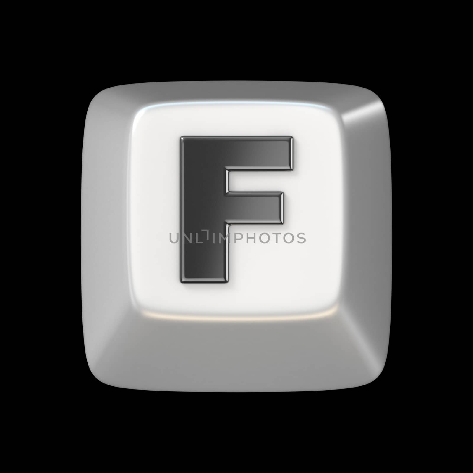 Computer keyboard key FONT. Letter F 3D render illustration isolated on black background