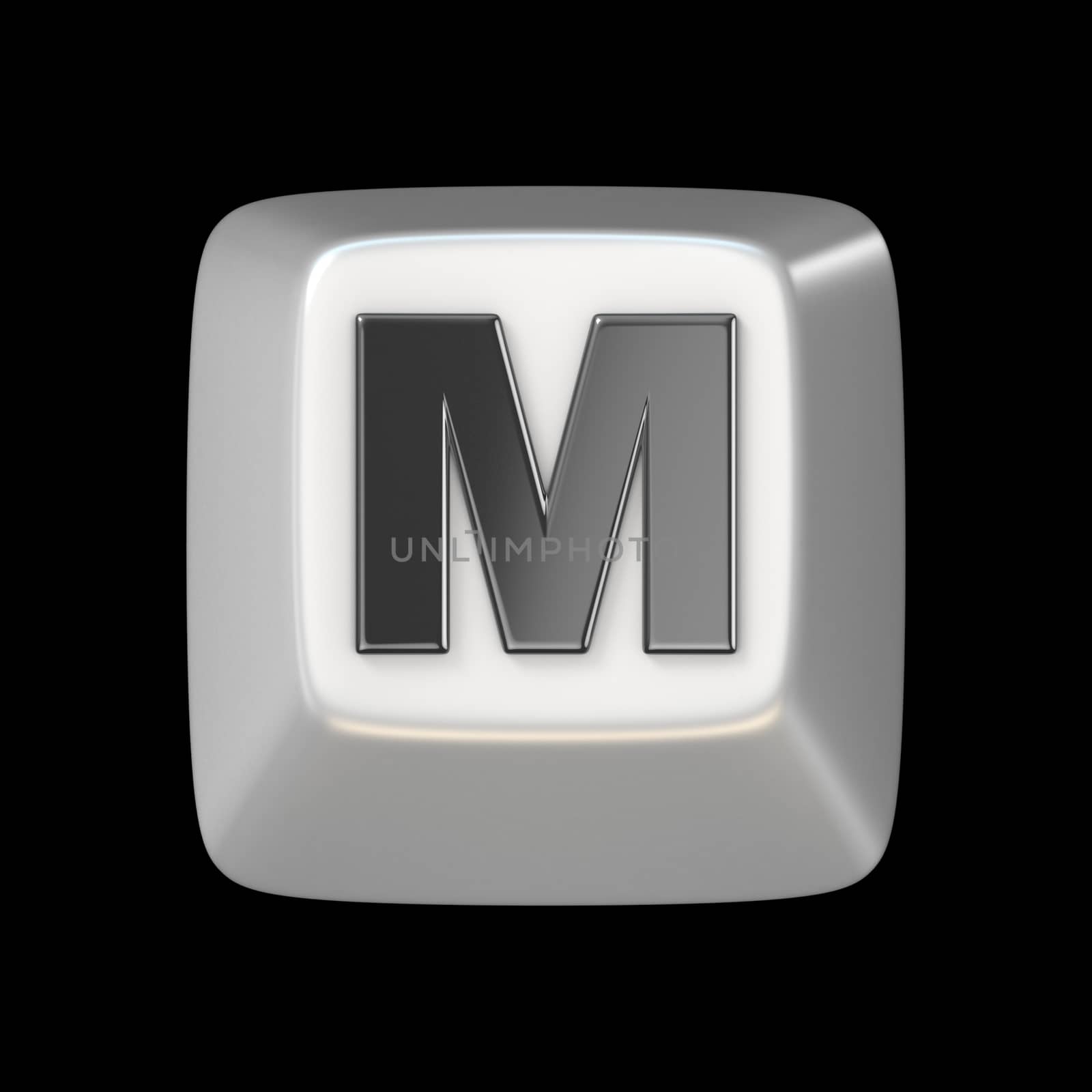 Computer keyboard key FONT. Letter M 3D render illustration isolated on black background
