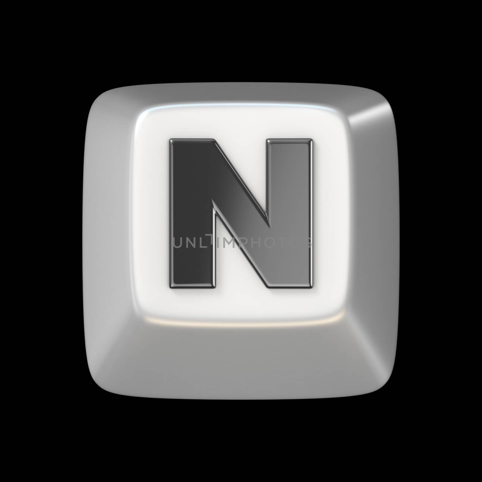 Computer keyboard key FONT. Letter N 3D render illustration isolated on black background