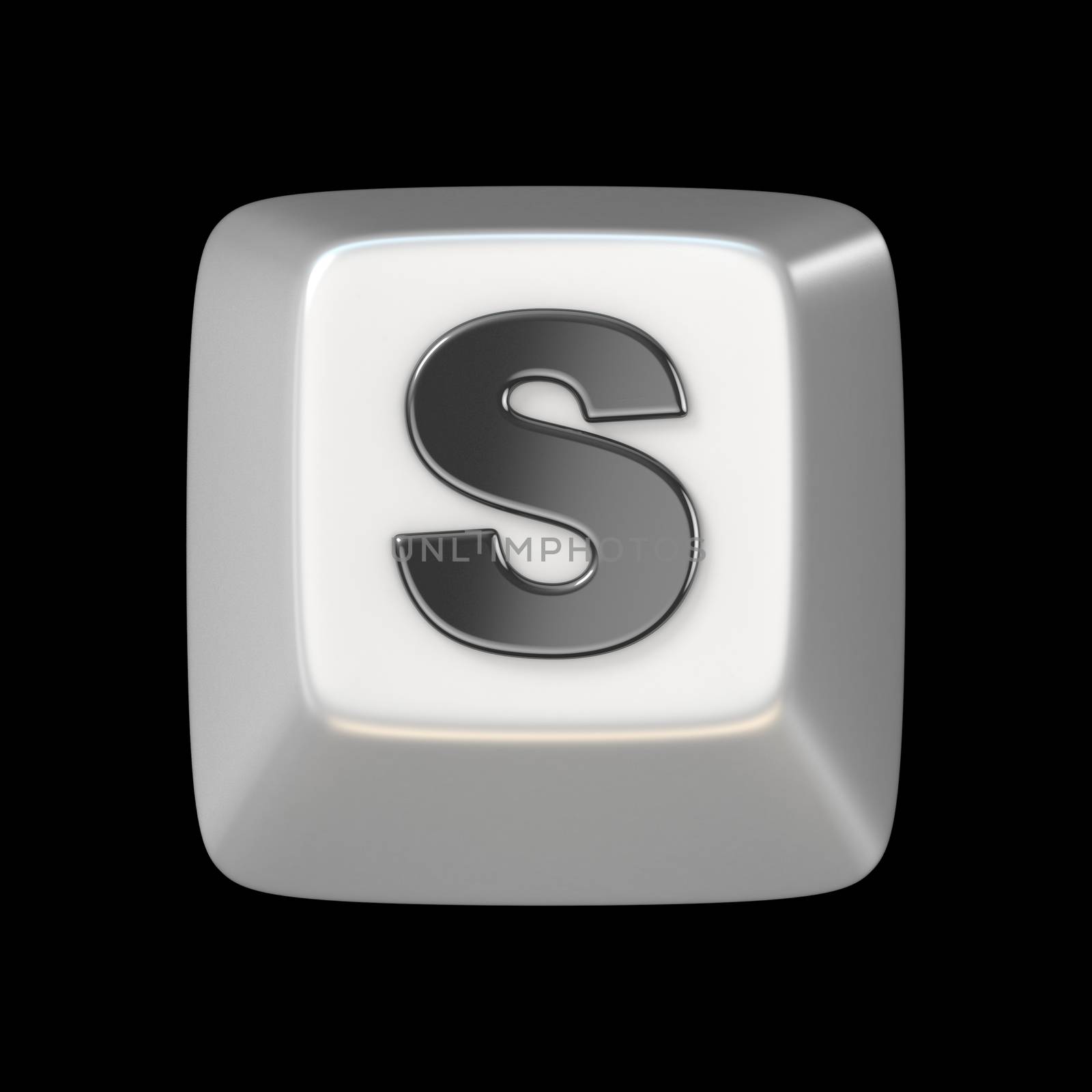 Computer keyboard key FONT. Letter S 3D render illustration isolated on black background