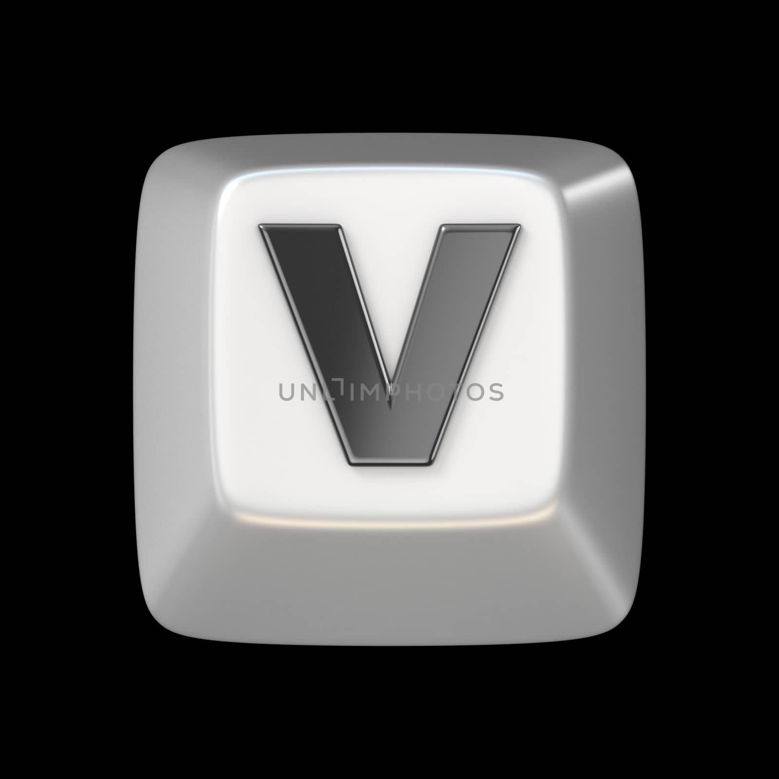 Computer keyboard key FONT. Letter V 3D render illustration isolated on black background