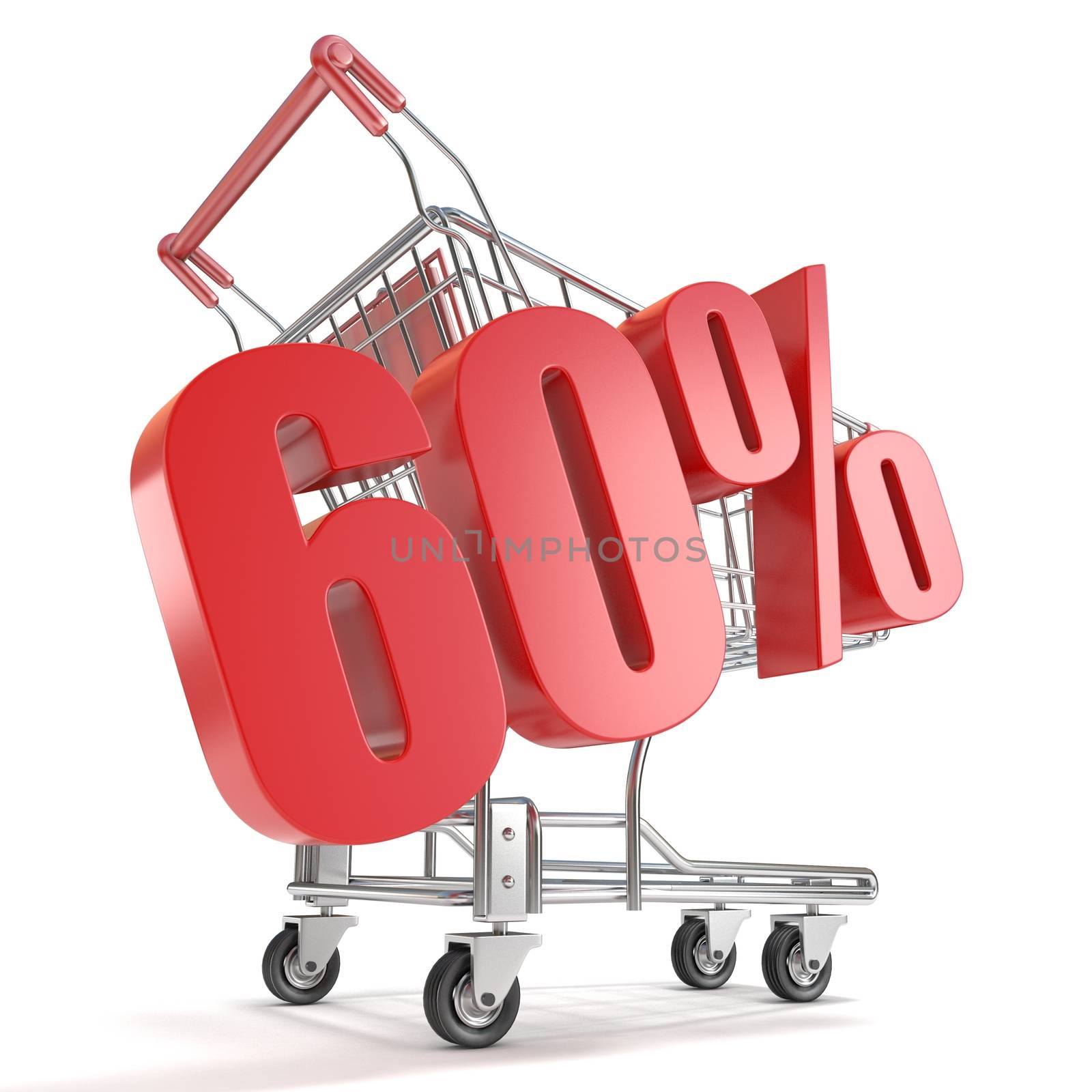 60% - sixty percent discount in front of shopping cart. Sale concept. 3D render illustration isolated on white background