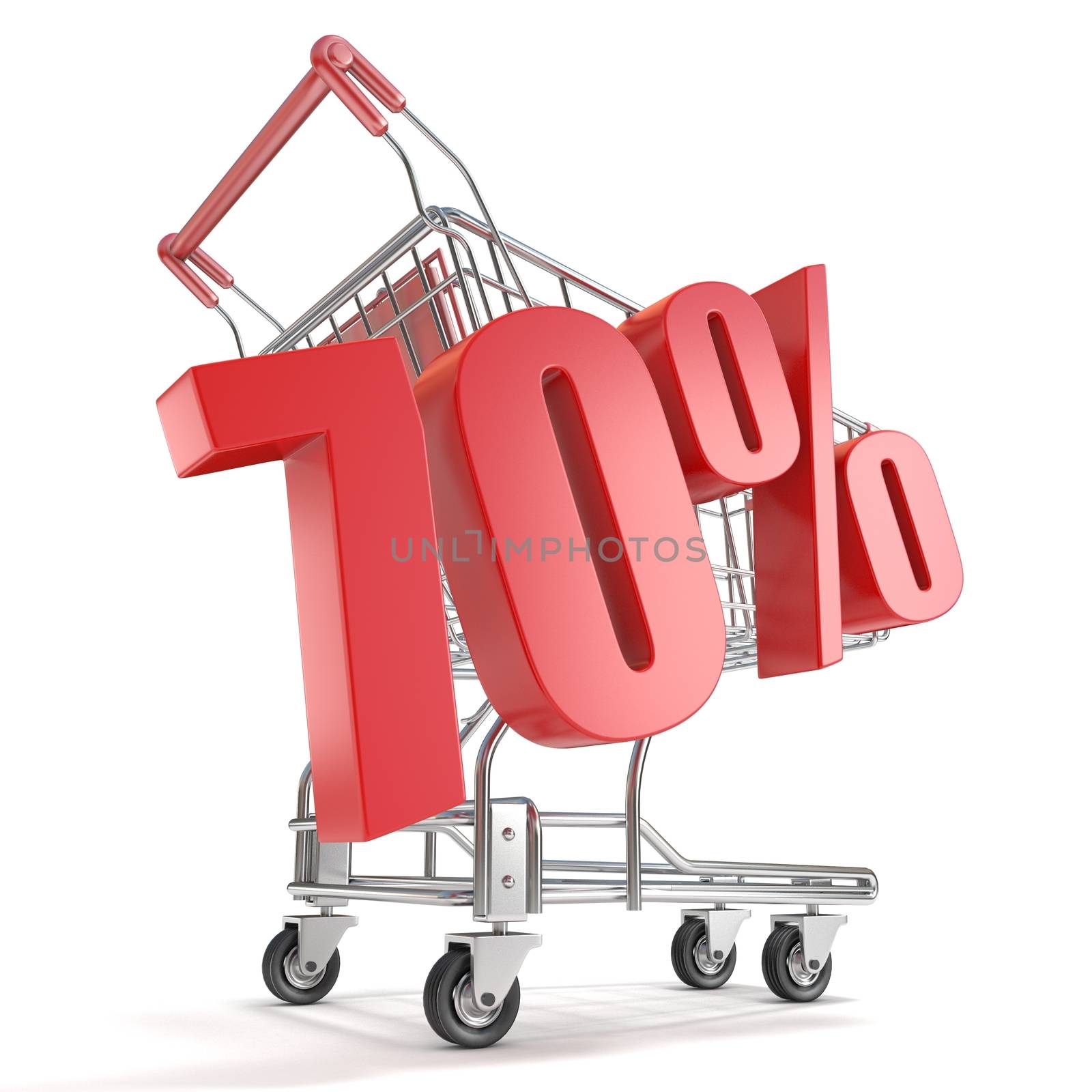 70% - seventy percent discount in front of shopping cart. Sale concept. 3D render illustration isolated on white background