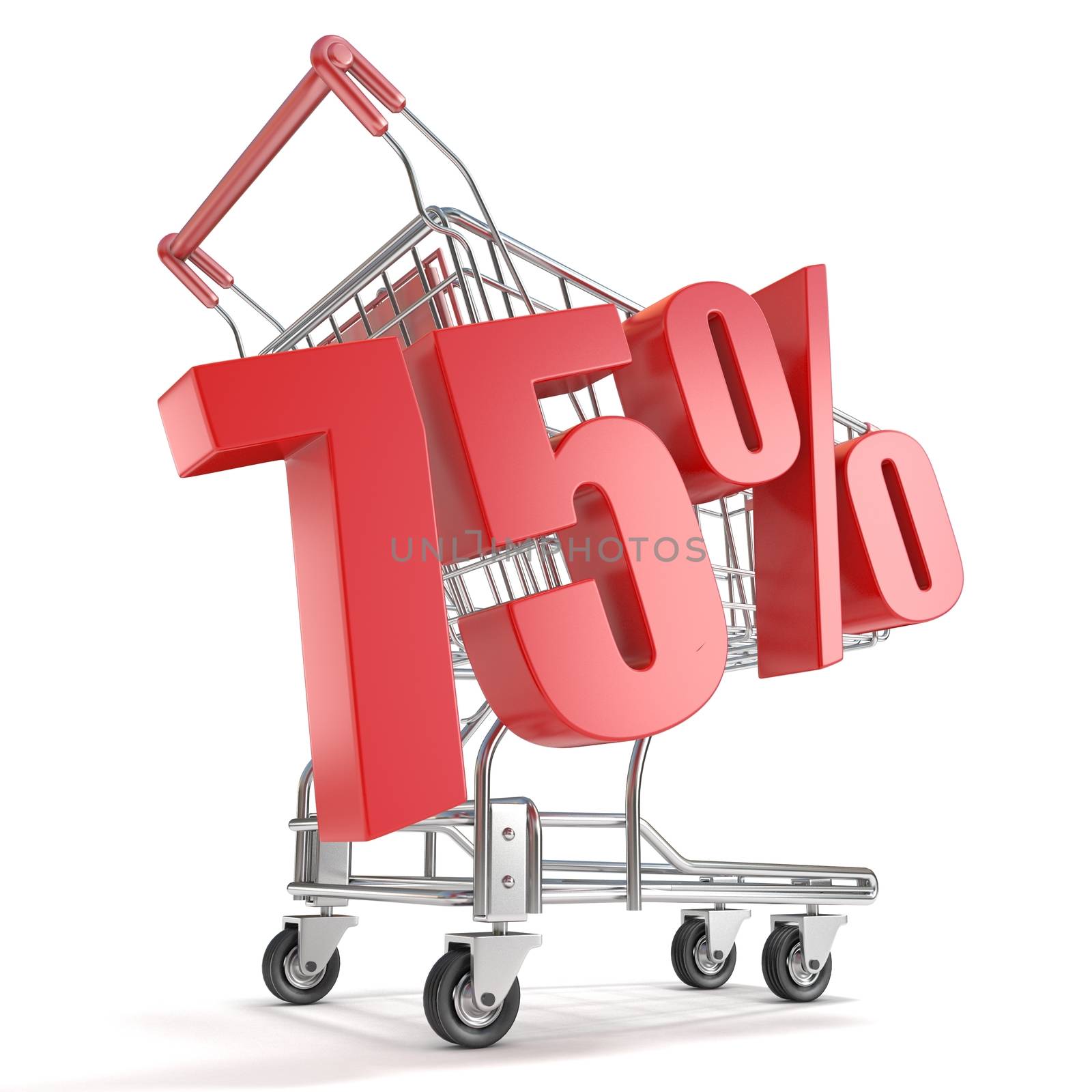 75% - seventy five percent discount in front of shopping cart. Sale concept. 3D render illustration isolated on white background