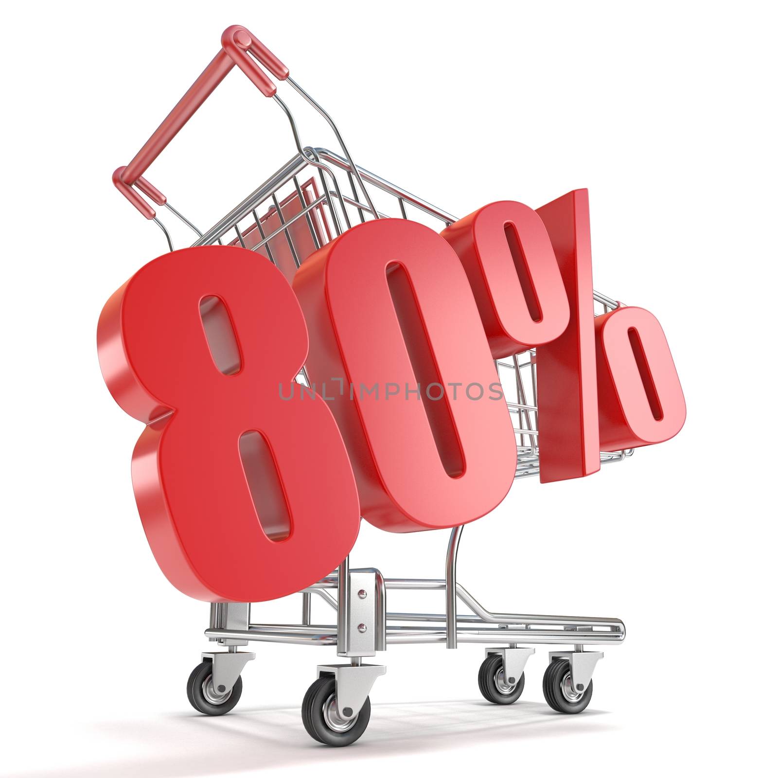 80% - eighty percent discount in front of shopping cart. Sale concept. 3D render illustration isolated on white background