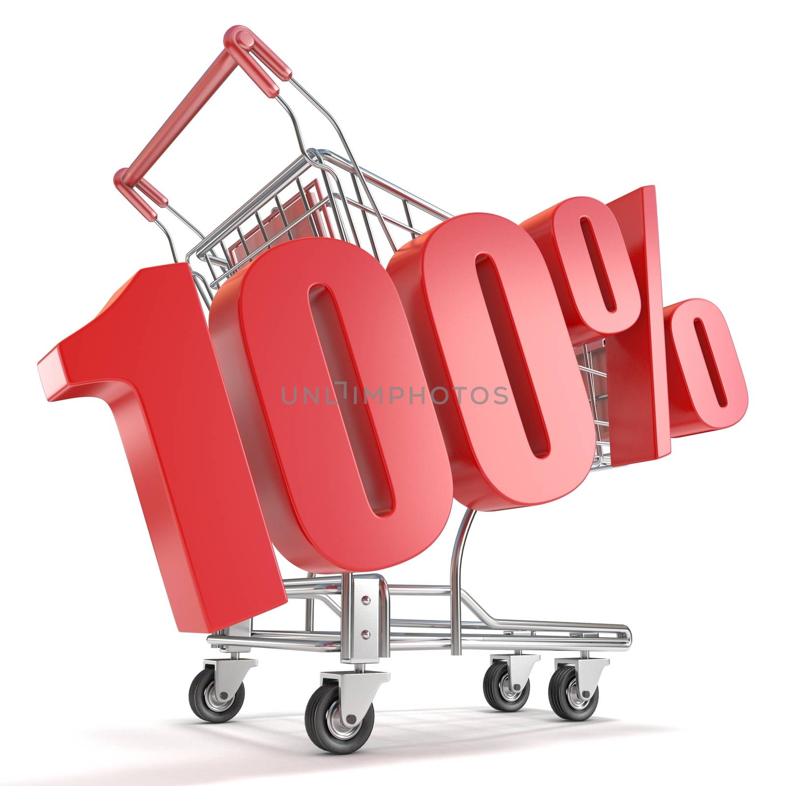100% - hundred percent discount in front of shopping cart. Sale concept. 3D render illustration isolated on white background