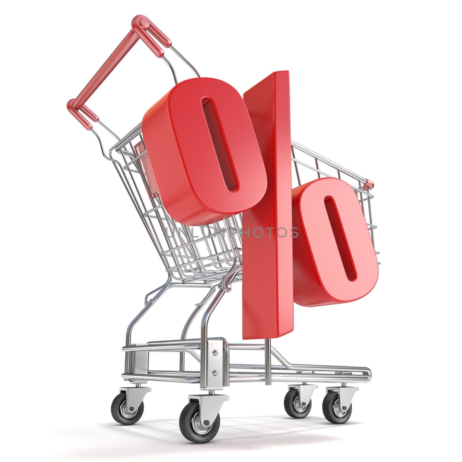 % - red percent sign in front of shopping cart. Sale concept. 3D render illustration isolated on white background