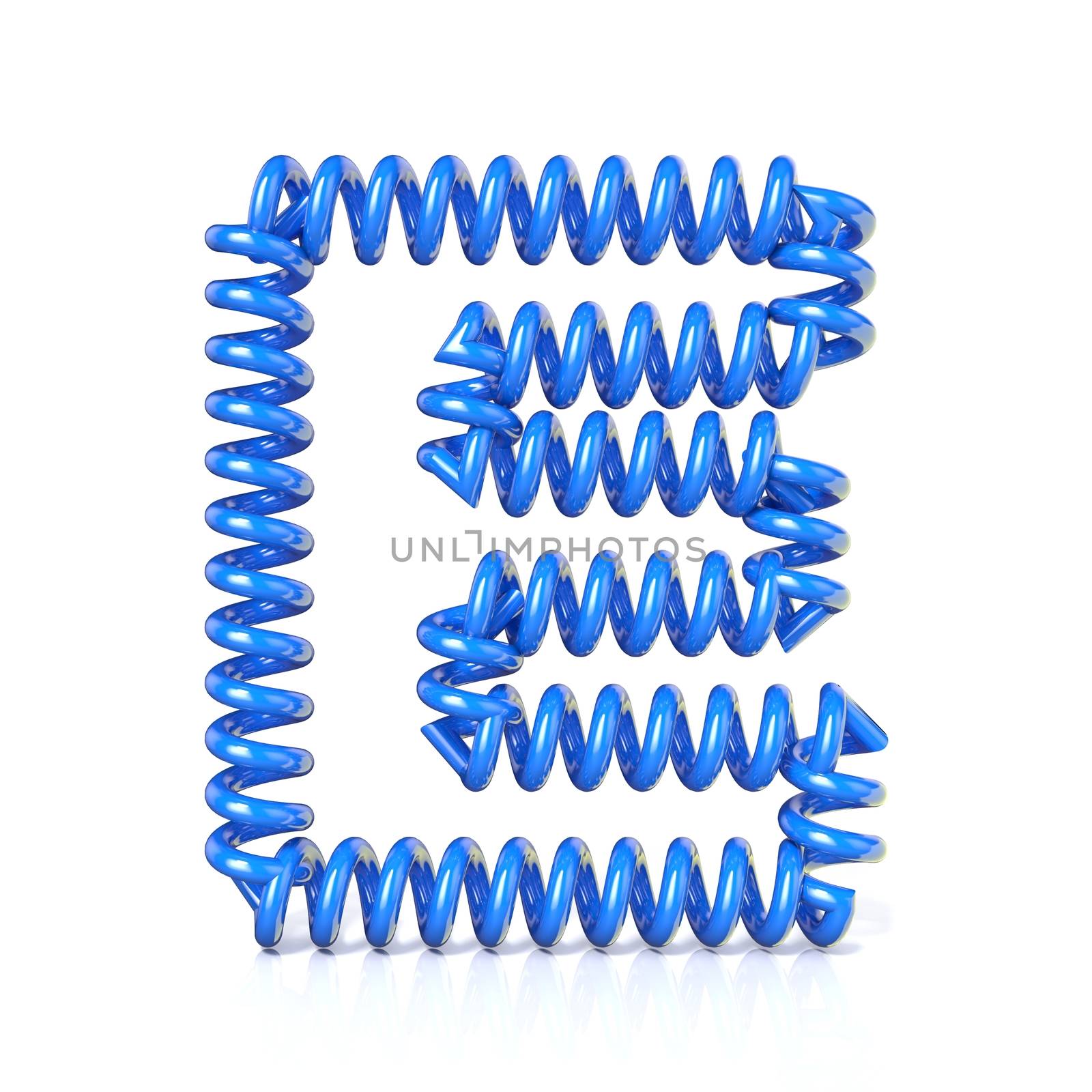 Spring, spiral cable font collection letter - E. 3D render illustration, isolated on white background