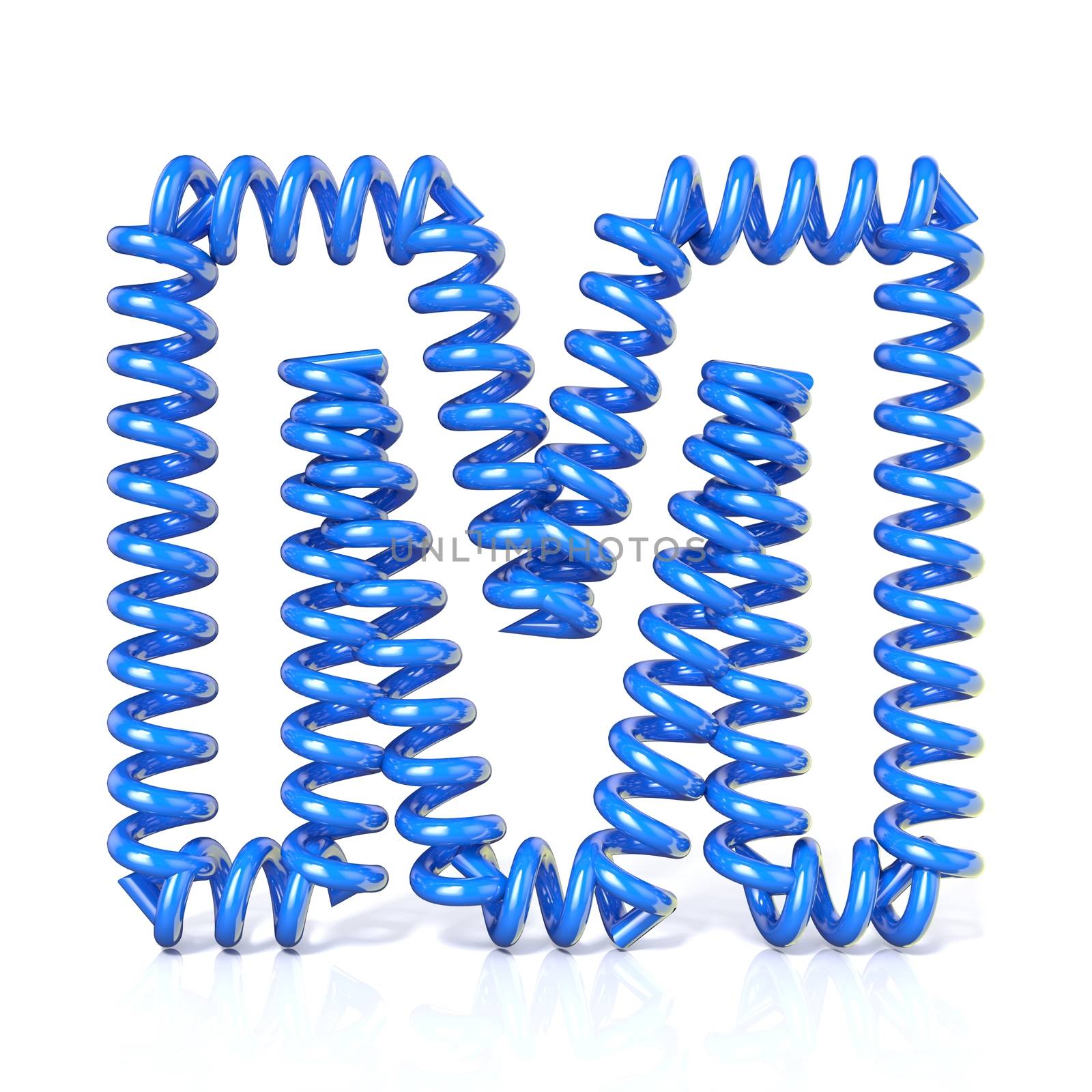Spring, spiral cable font collection letter - M. 3D render illustration, isolated on white background