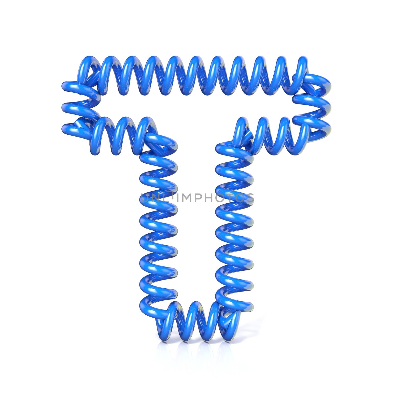 Spring, spiral cable font collection letter - T. 3D render illustration, isolated on white background