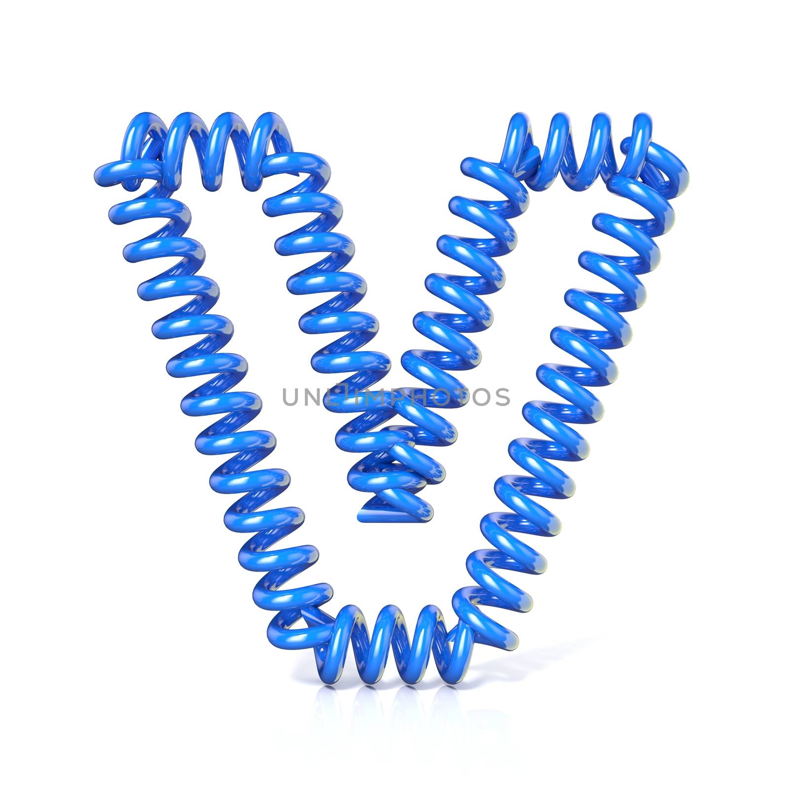 Spring, spiral cable font collection letter - V. 3D render illustration, isolated on white background