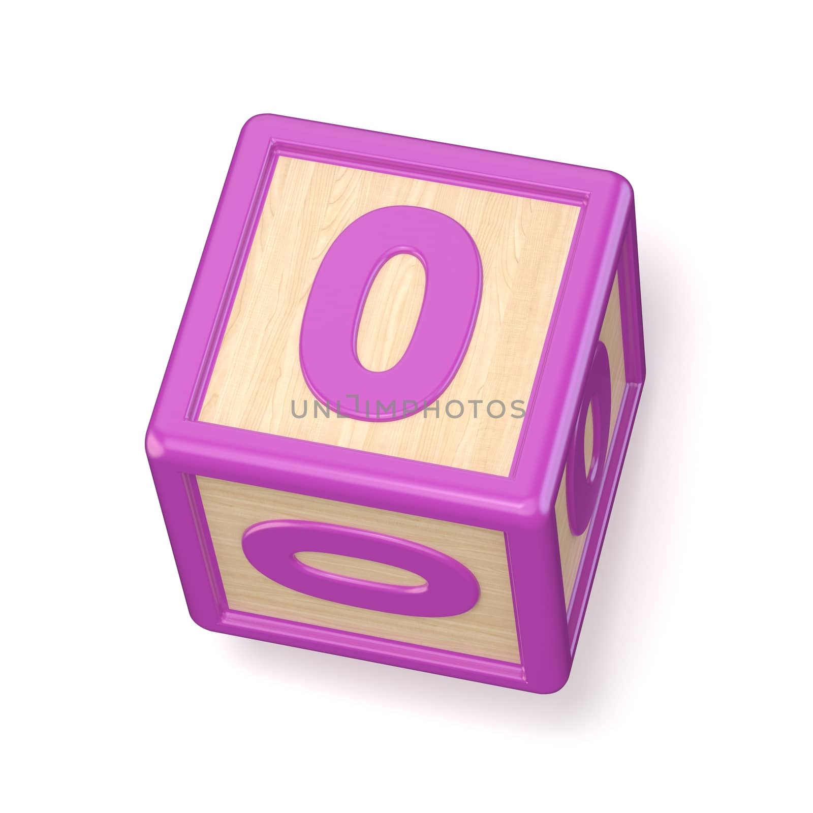 Number 0 ZERO wooden alphabet blocks font rotated. 3D render illustration isolated on white background
