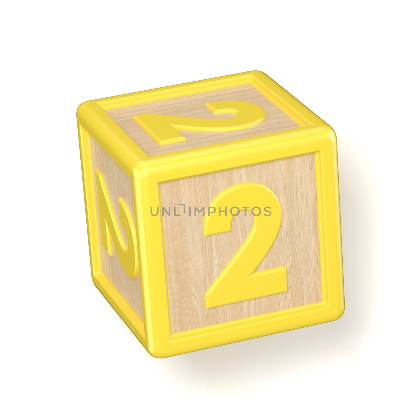 Number 2 TWO wooden alphabet blocks font rotated. 3D render illustration isolated on white background