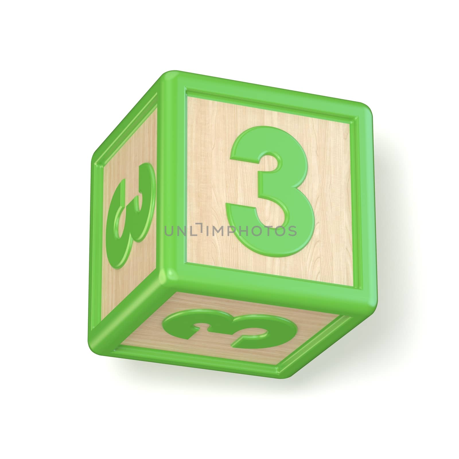 Number 3 THREE wooden alphabet blocks font rotated. 3D by djmilic
