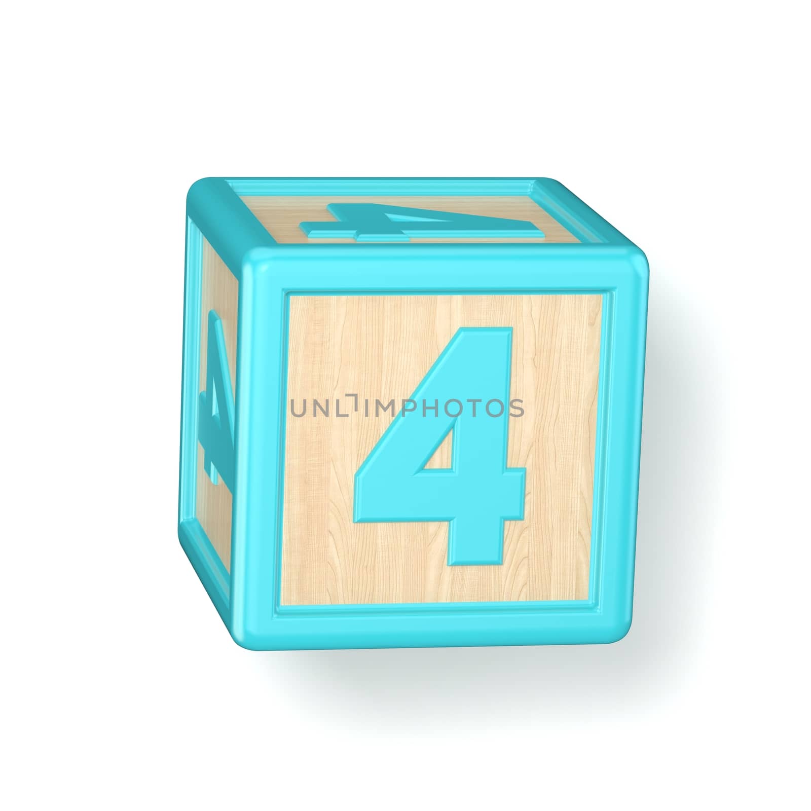 Number 4 FOUR wooden alphabet blocks font rotated. 3D by djmilic