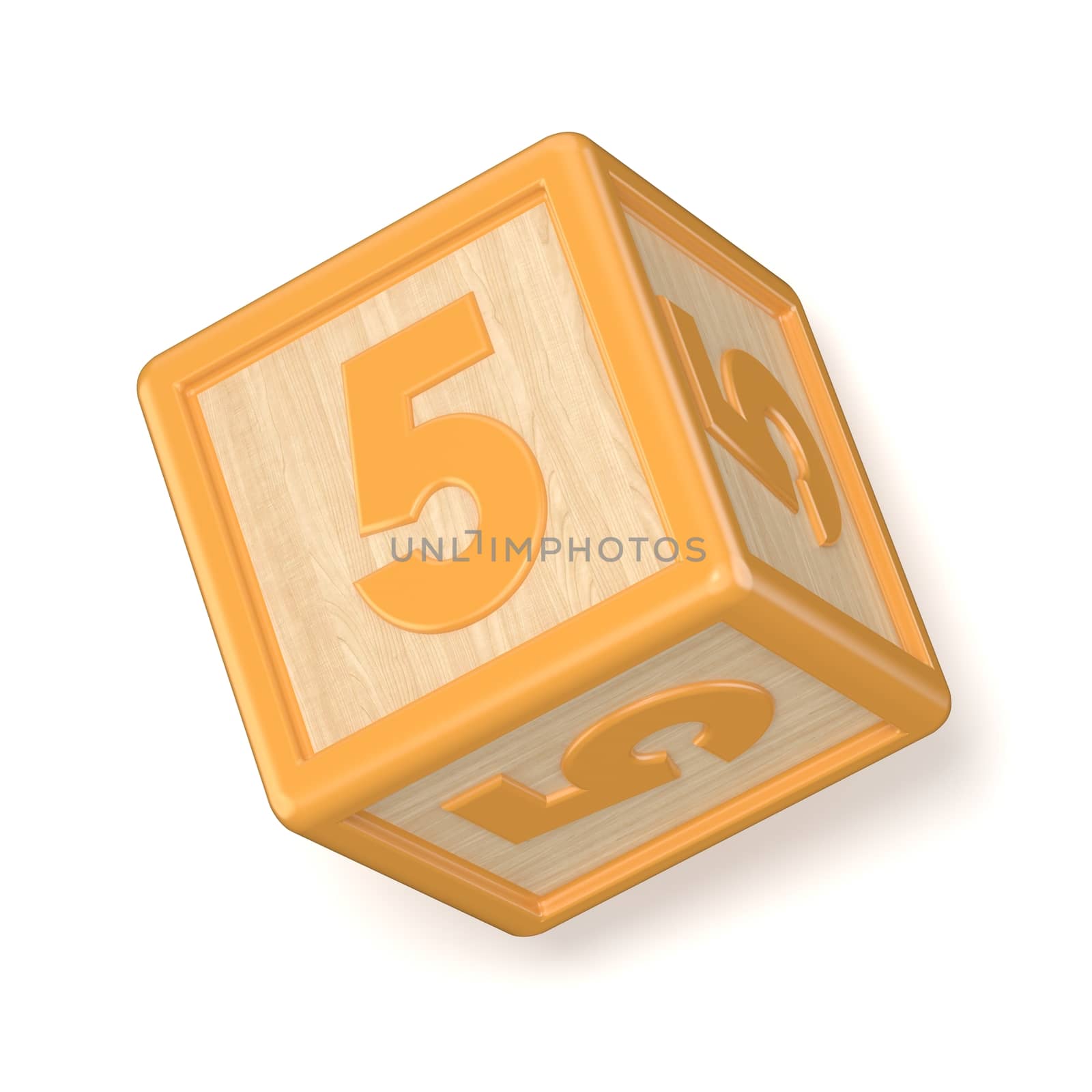 Number 5 FIVE wooden alphabet blocks font rotated. 3D render illustration isolated on white background
