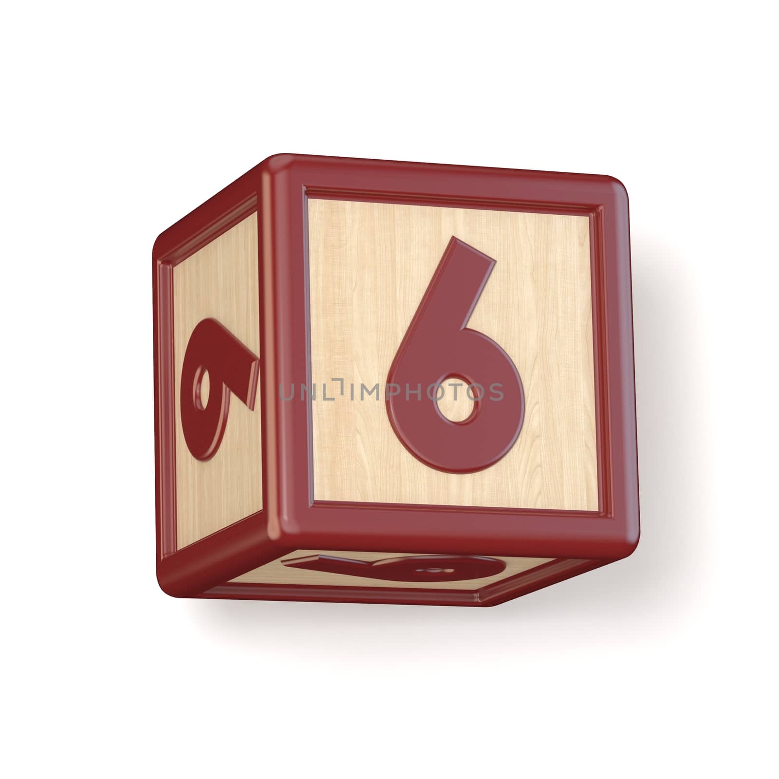 Number 6 SIX wooden alphabet blocks font rotated. 3D by djmilic