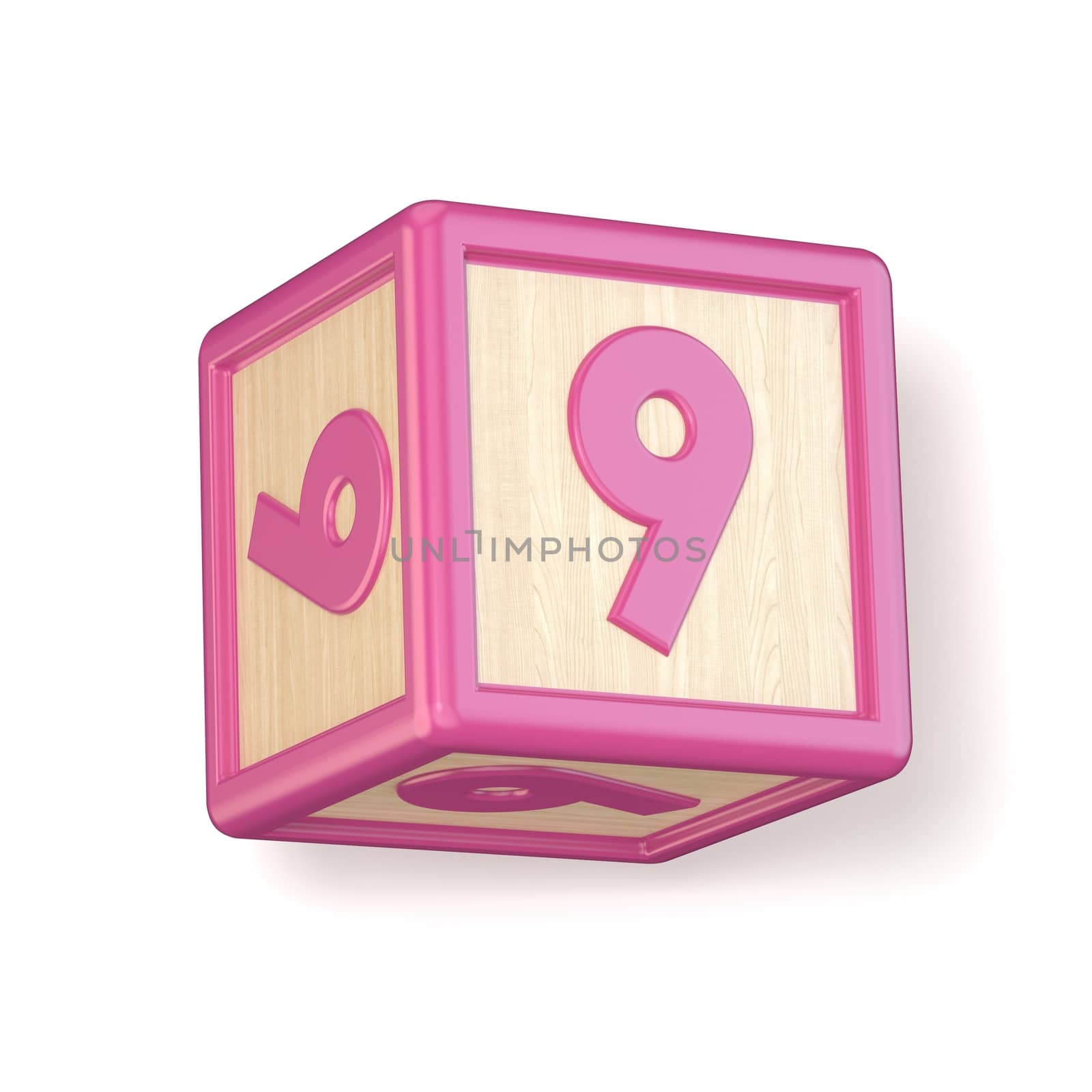 Number 9 NINE wooden alphabet blocks font rotated. 3D by djmilic