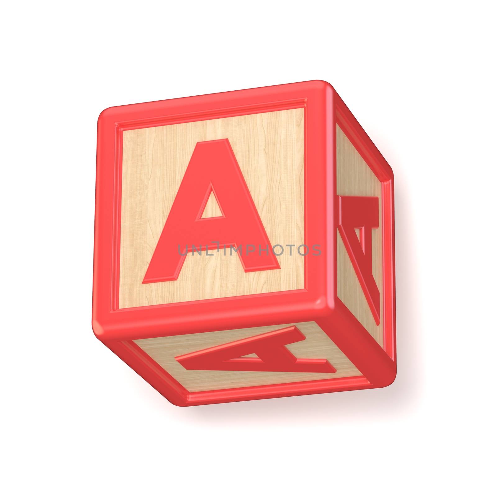 Letter A wooden alphabet blocks font rotated. 3D render illustration isolated on white background