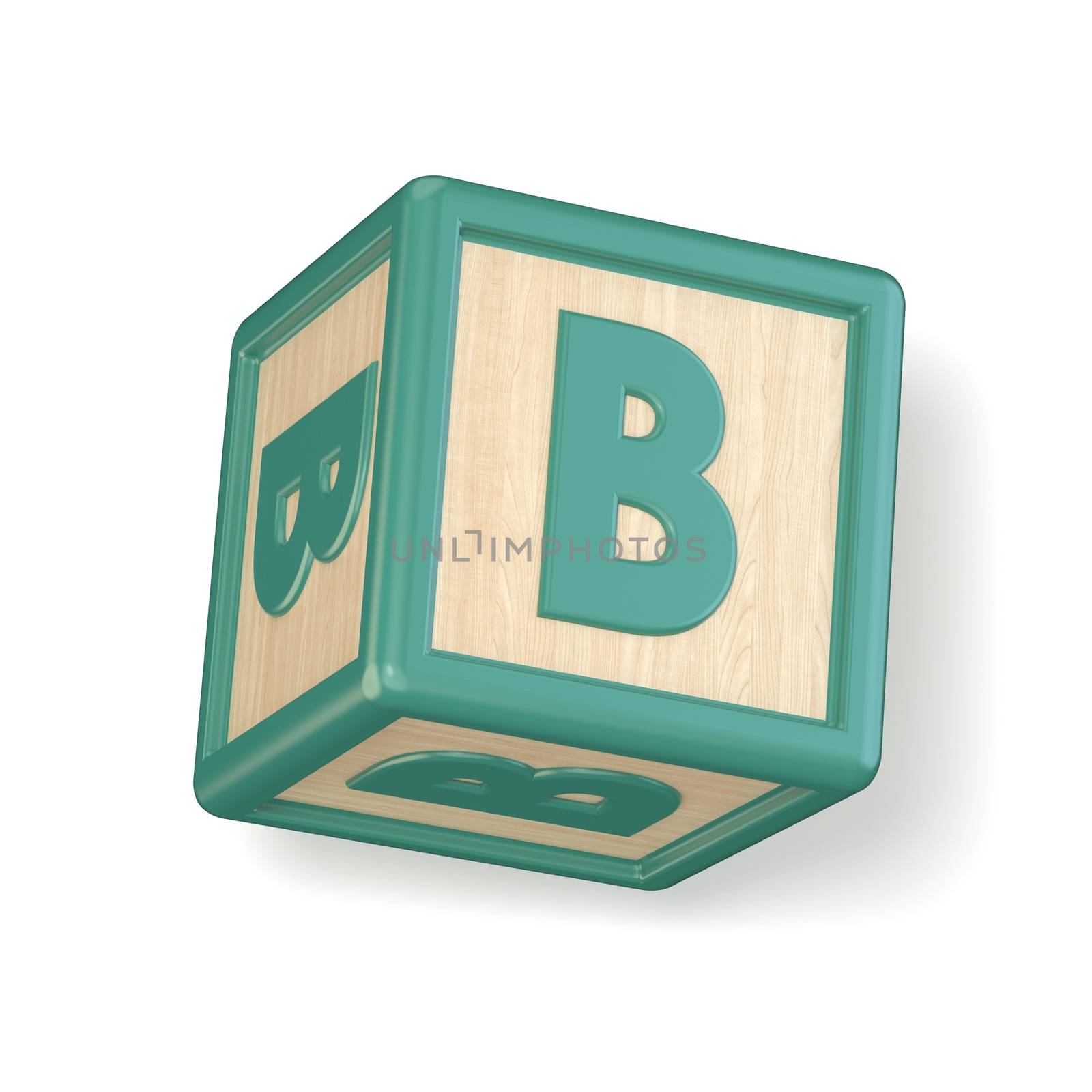 Letter B wooden alphabet blocks font rotated. 3D render illustration isolated on white background