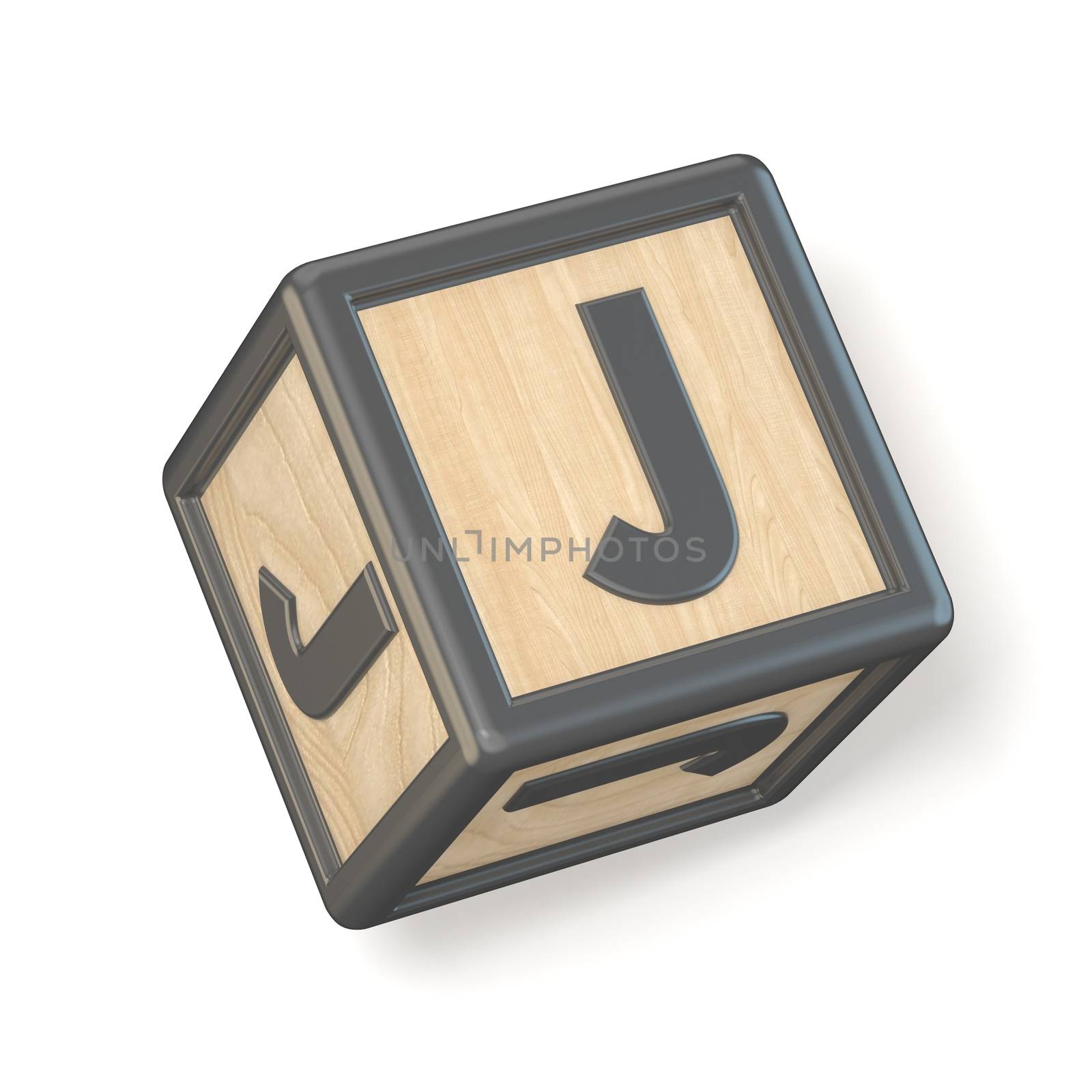 Letter J wooden alphabet blocks font rotated. 3D render illustration isolated on white background