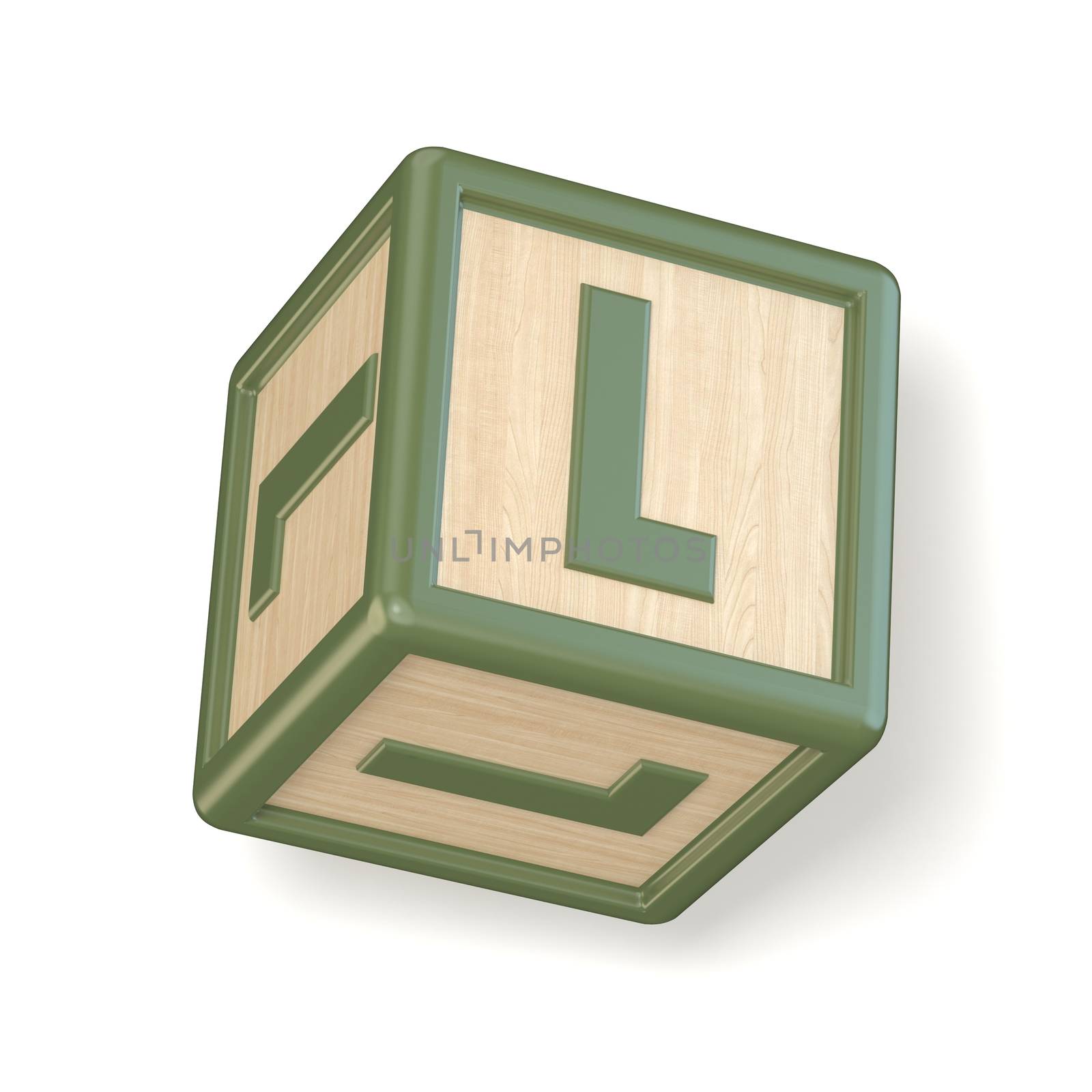 Letter L wooden alphabet blocks font rotated. 3D render illustration isolated on white background