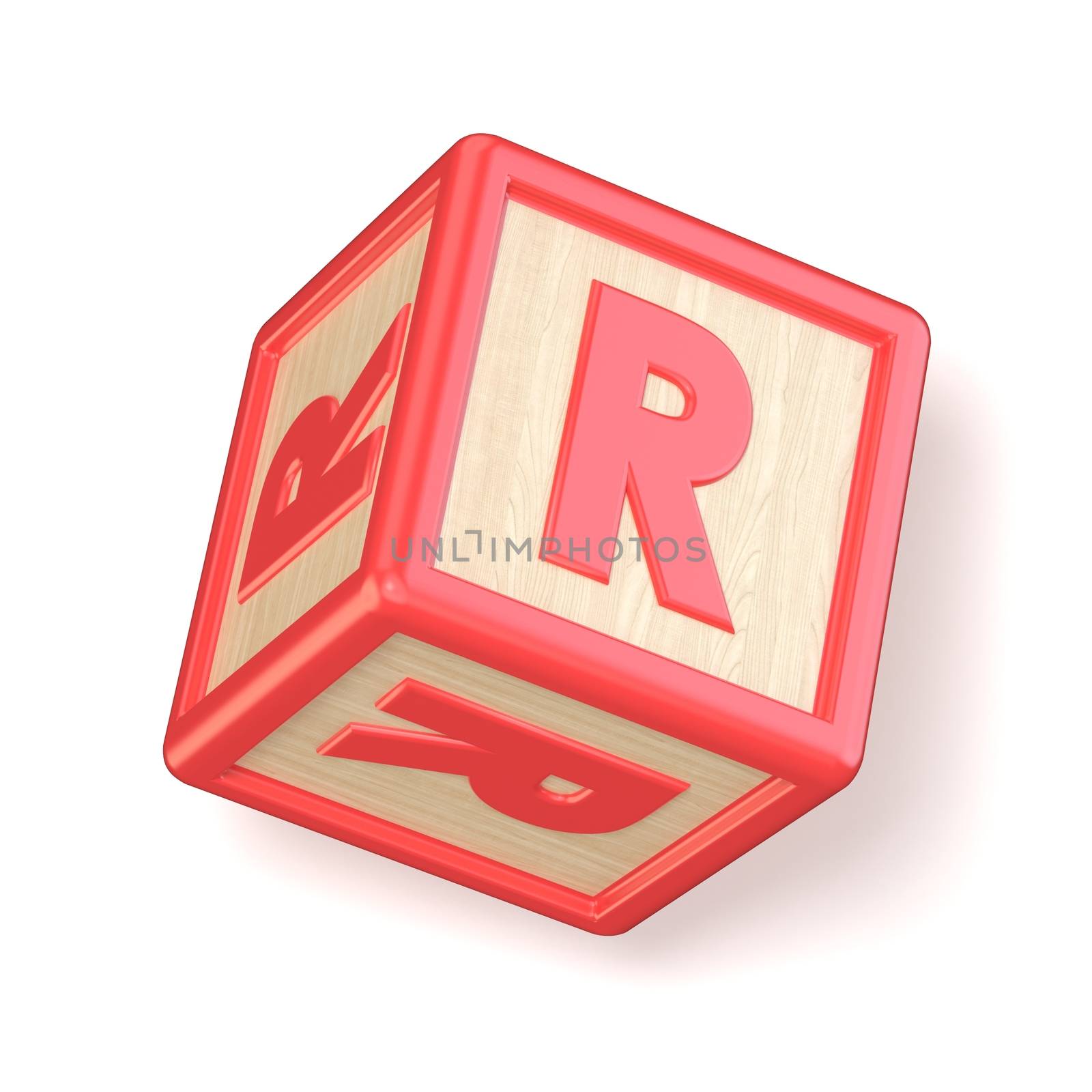 Letter R wooden alphabet blocks font rotated. 3D render illustration isolated on white background