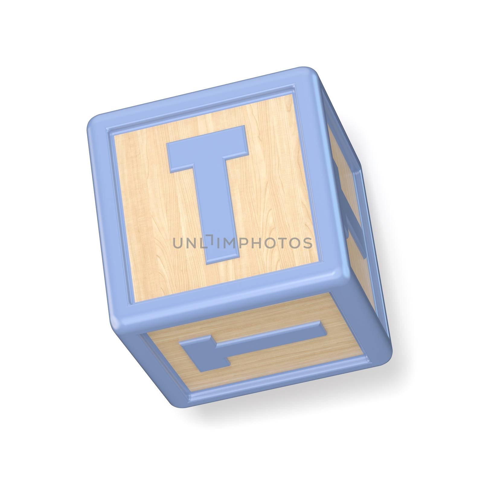 Letter T wooden alphabet blocks font rotated. 3D render illustration isolated on white background