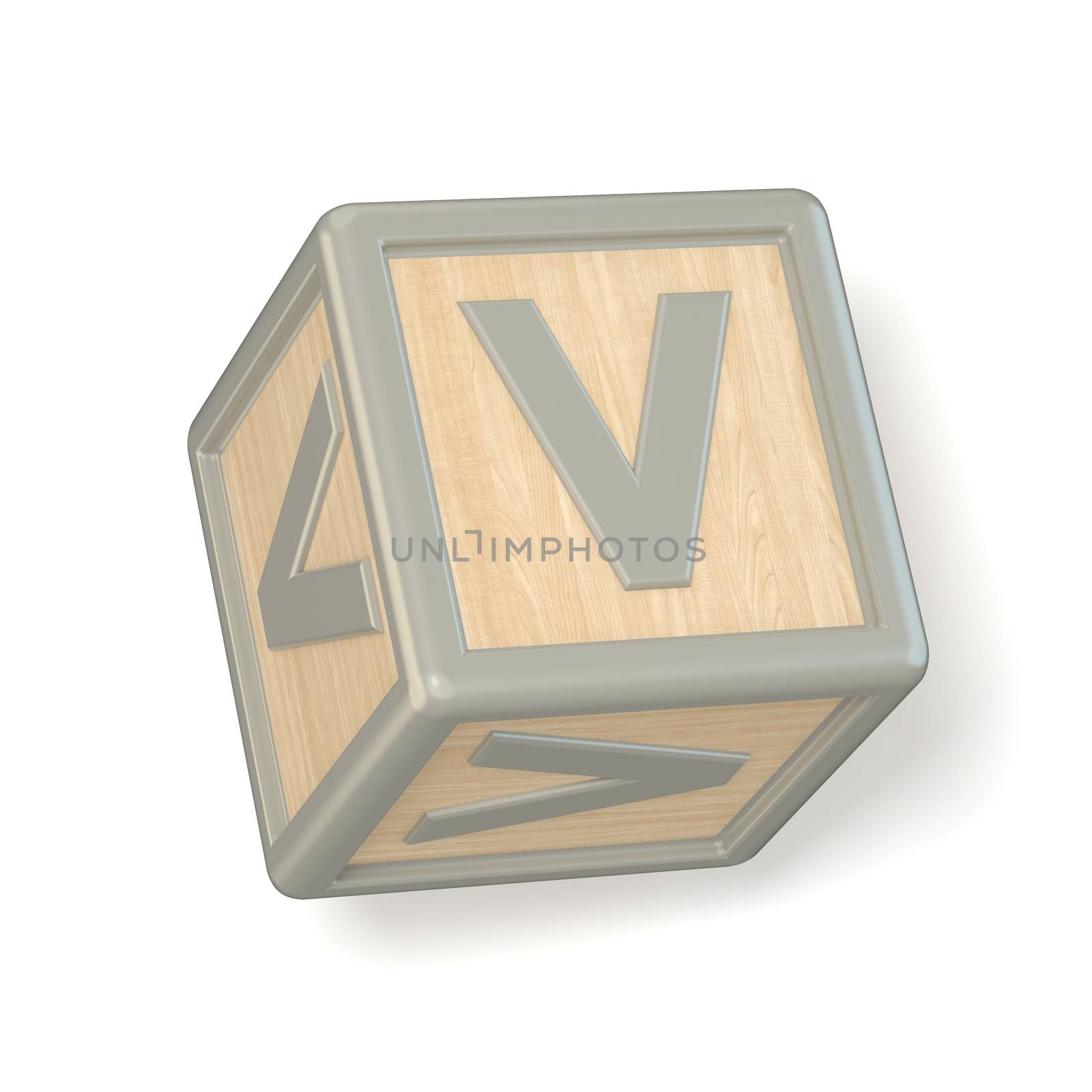 Letter V wooden alphabet blocks font rotated. 3D render illustration isolated on white background