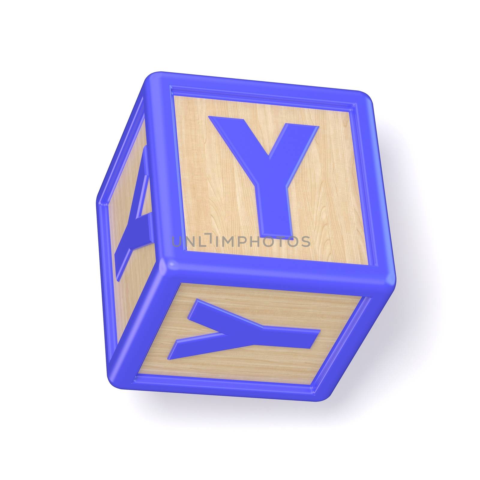 Letter Y wooden alphabet blocks font rotated. 3D render illustration isolated on white background