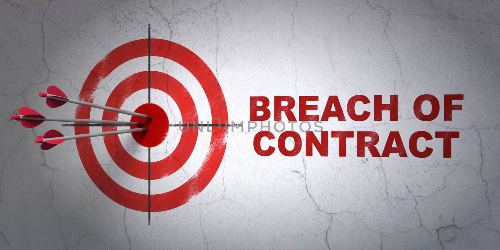 Success law concept: arrows hitting the center of target, Red Breach Of Contract on wall background, 3D rendering