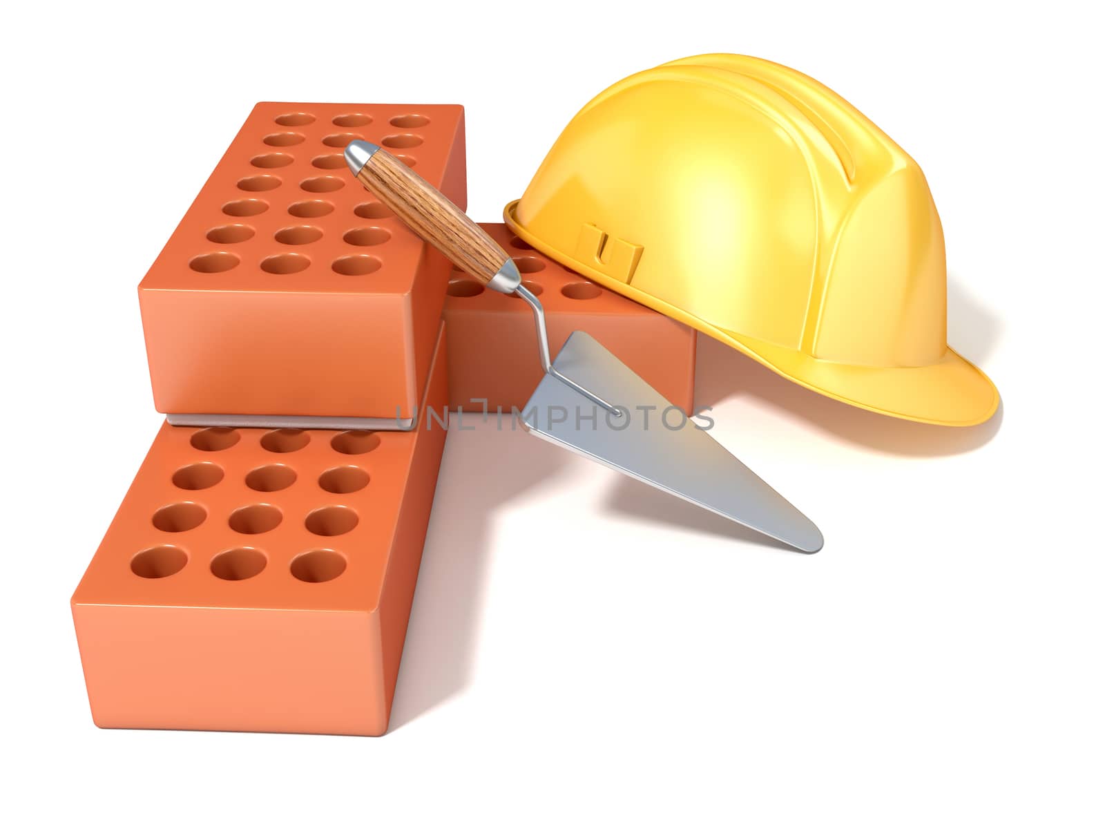 Safety helmet with round perforated bricks and trowel. 3D render illustration, Isolated white background. Side, angled view.