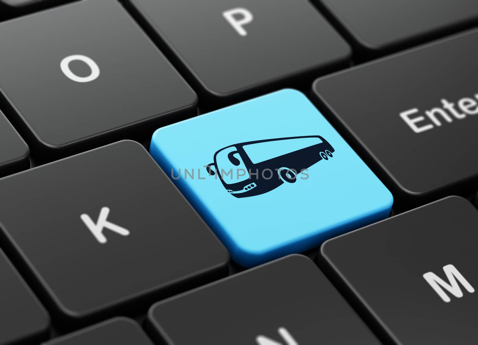 Vacation concept: computer keyboard with Bus icon on enter button background, 3D rendering