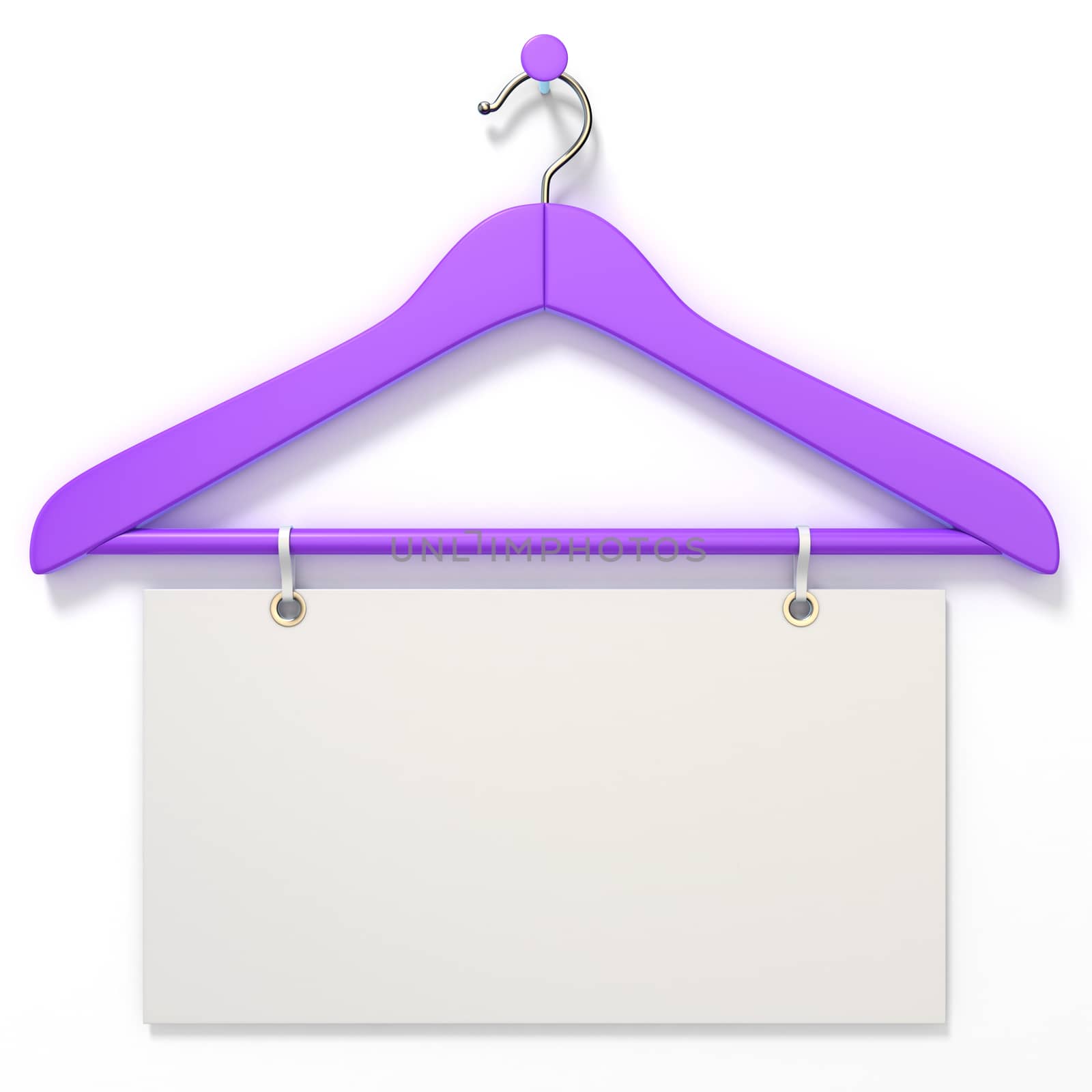 Purple hanger with blank tag. 3D render illustration isolated on white background