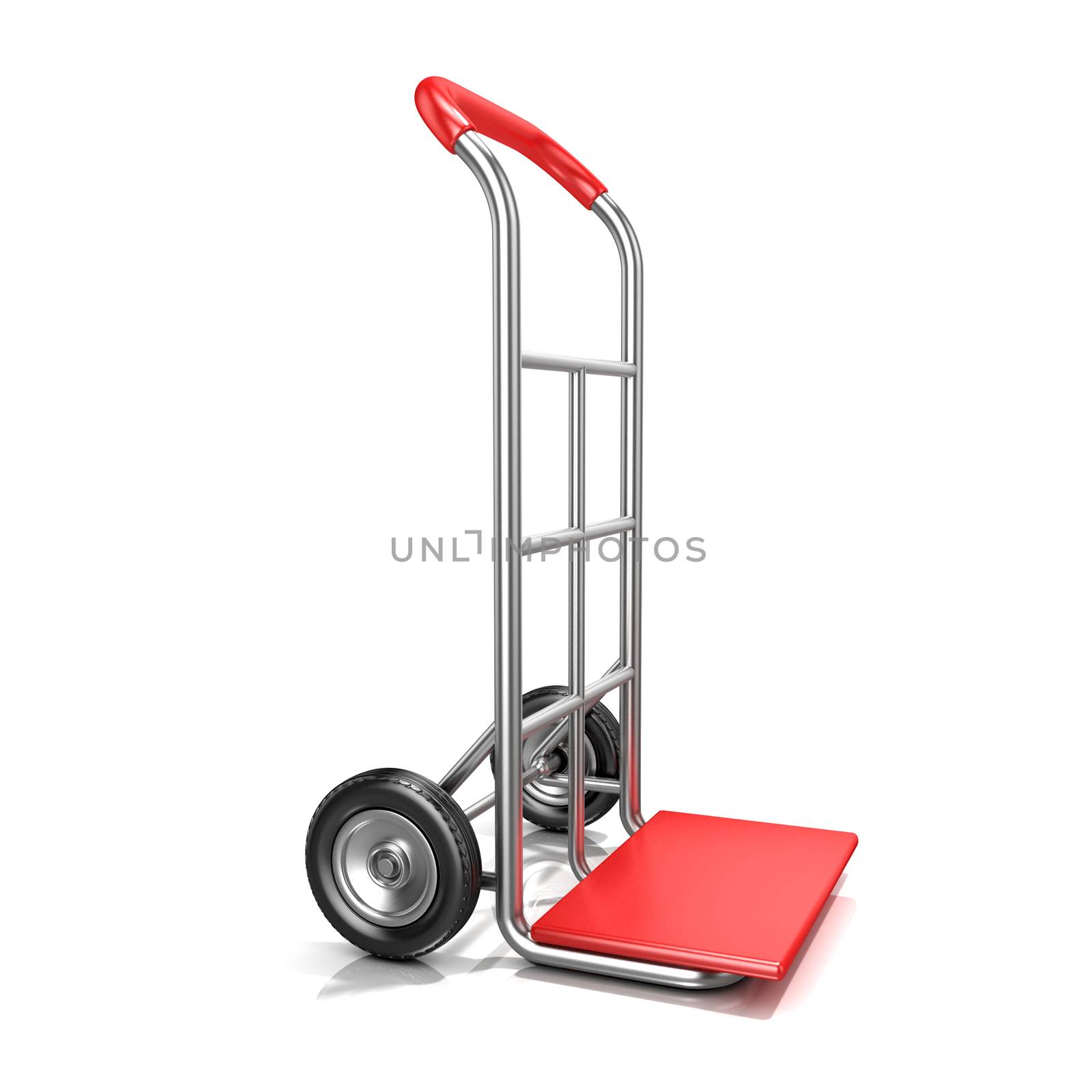 An empty hand truck, isolated on white background. 3D render illustration. Standing position, side view