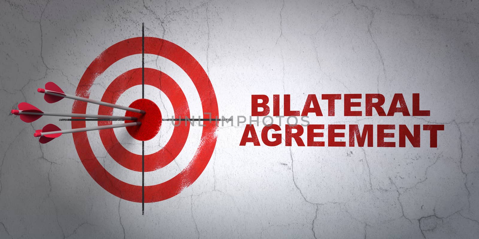 Success Insurance concept: arrows hitting the center of target, Red Bilateral Agreement on wall background, 3D rendering