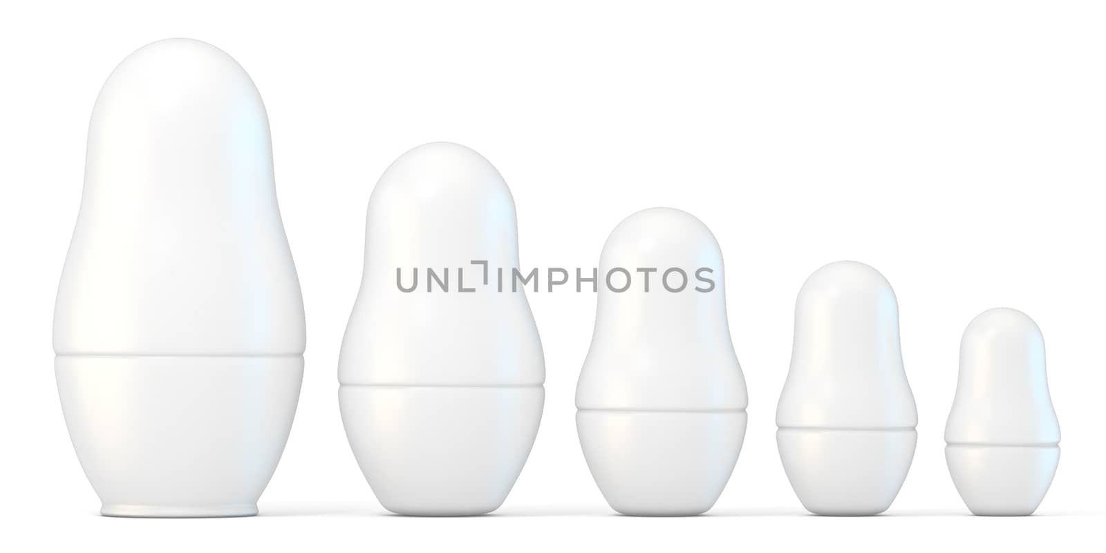 Set of white unpainted matryoshka dolls. 3D render illustration isolated on white background