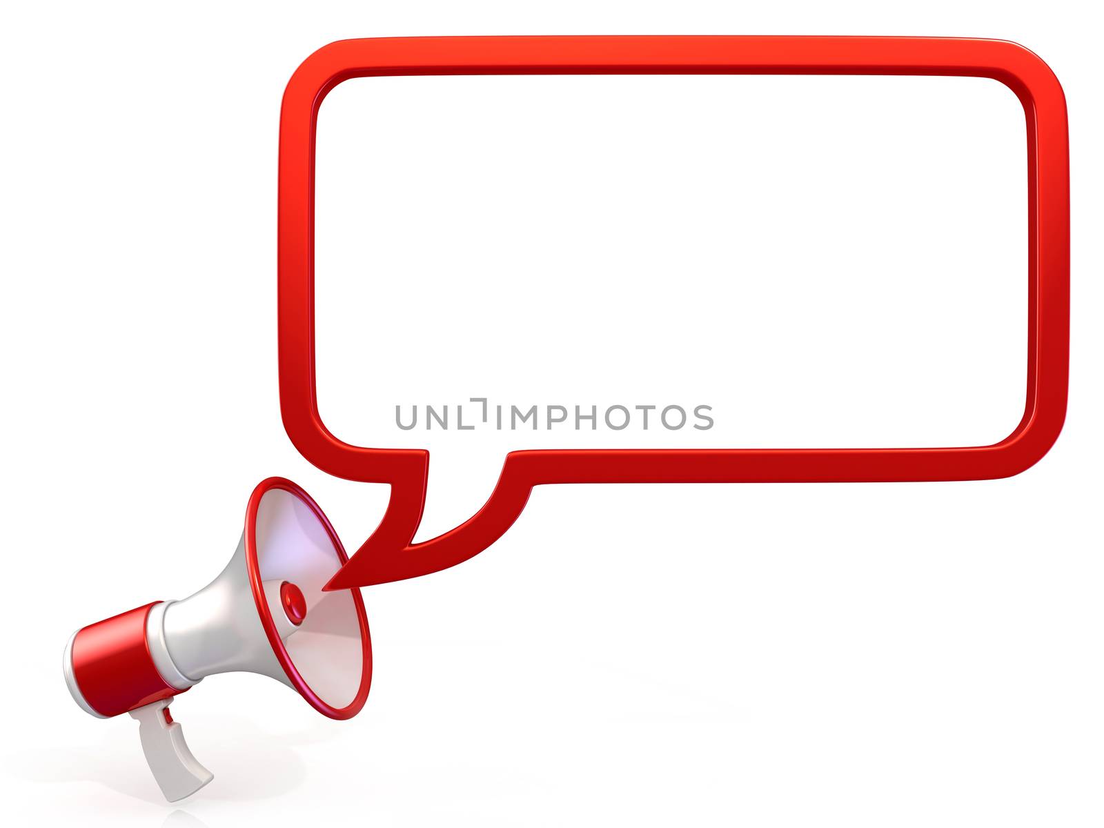 New red megaphone with bubble speech. 3D render illustration, isolated on white background.